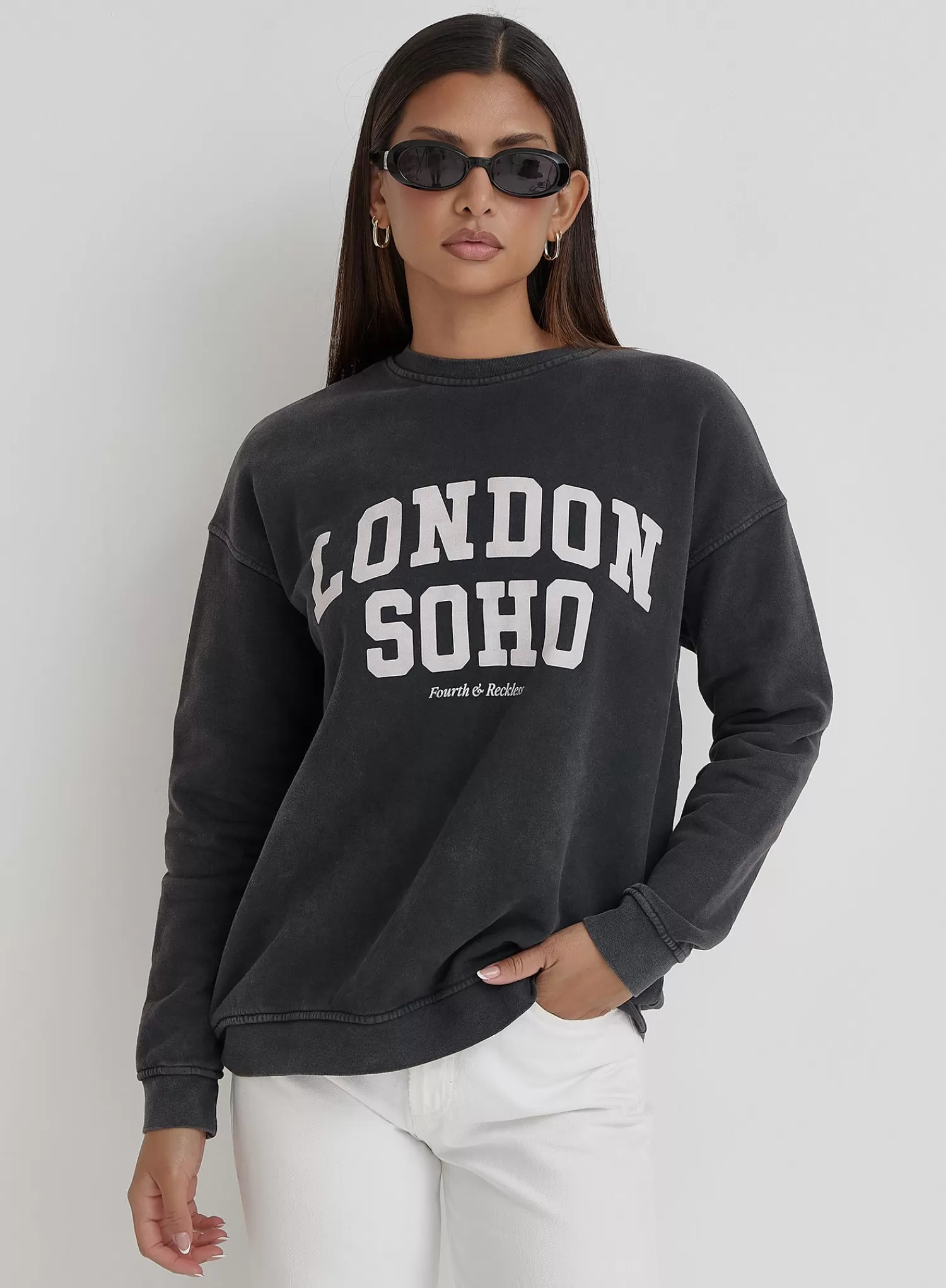 Acid Wash London Slogan Classic Longline Sweatshirt- London-4th & Reckless Best Sale