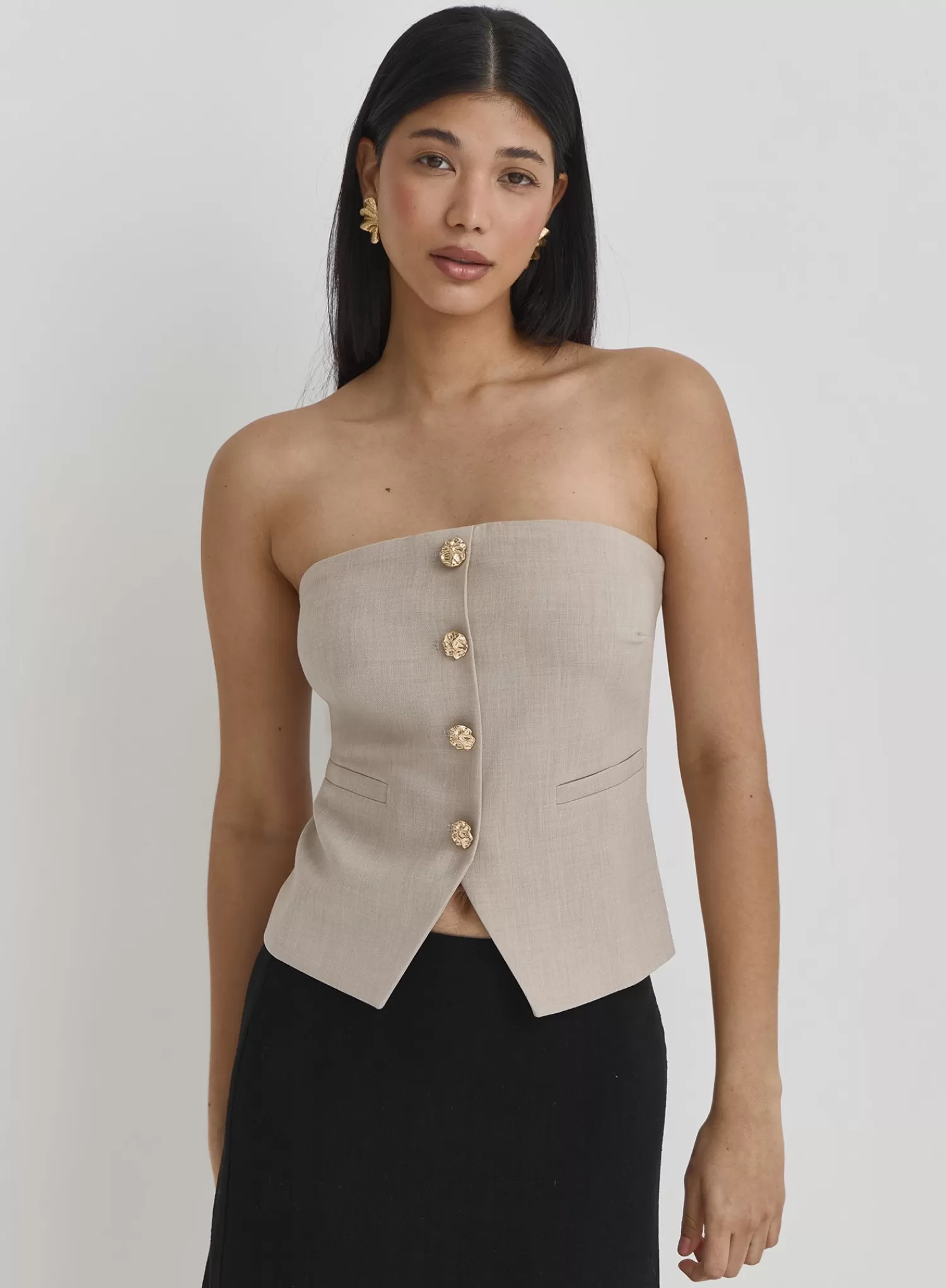Beige Bandeau Button Corset Top- Lia-4th & Reckless Discount