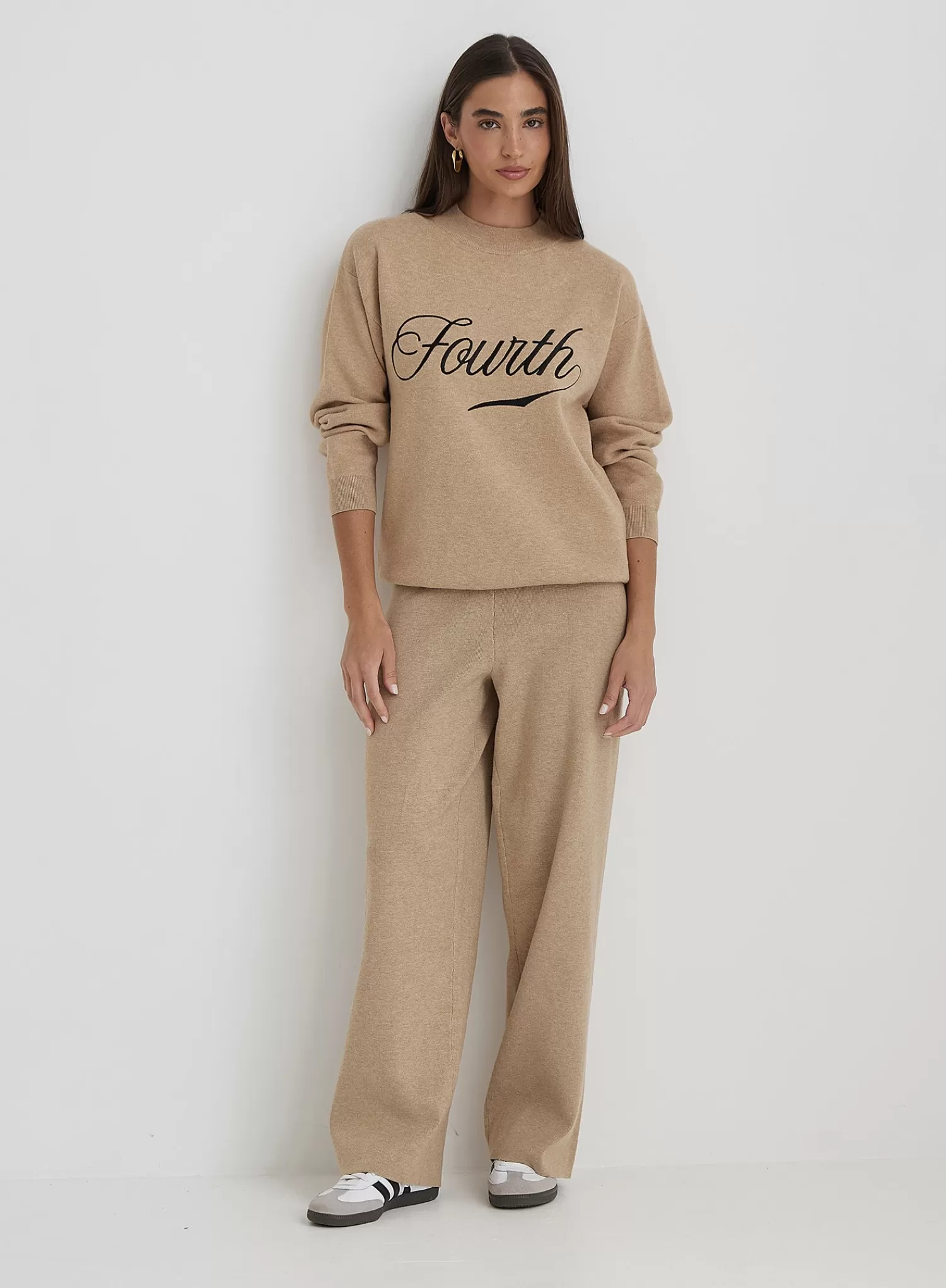 Beige Knitted Wide Leg Trouser- Cameron-4th & Reckless Best