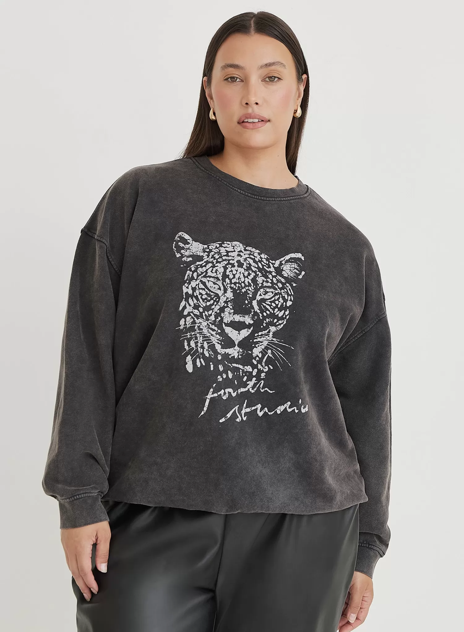 Black Acid Wash Curve Leopard Motif Oversized Sweatshirt- Cara-4th & Reckless Best