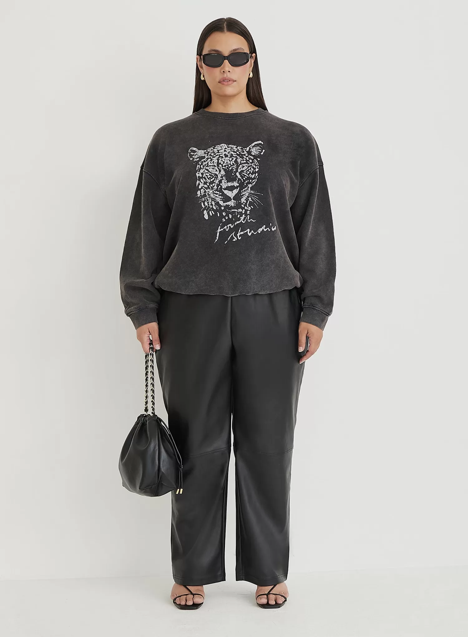 Black Acid Wash Curve Leopard Motif Oversized Sweatshirt- Cara-4th & Reckless Best