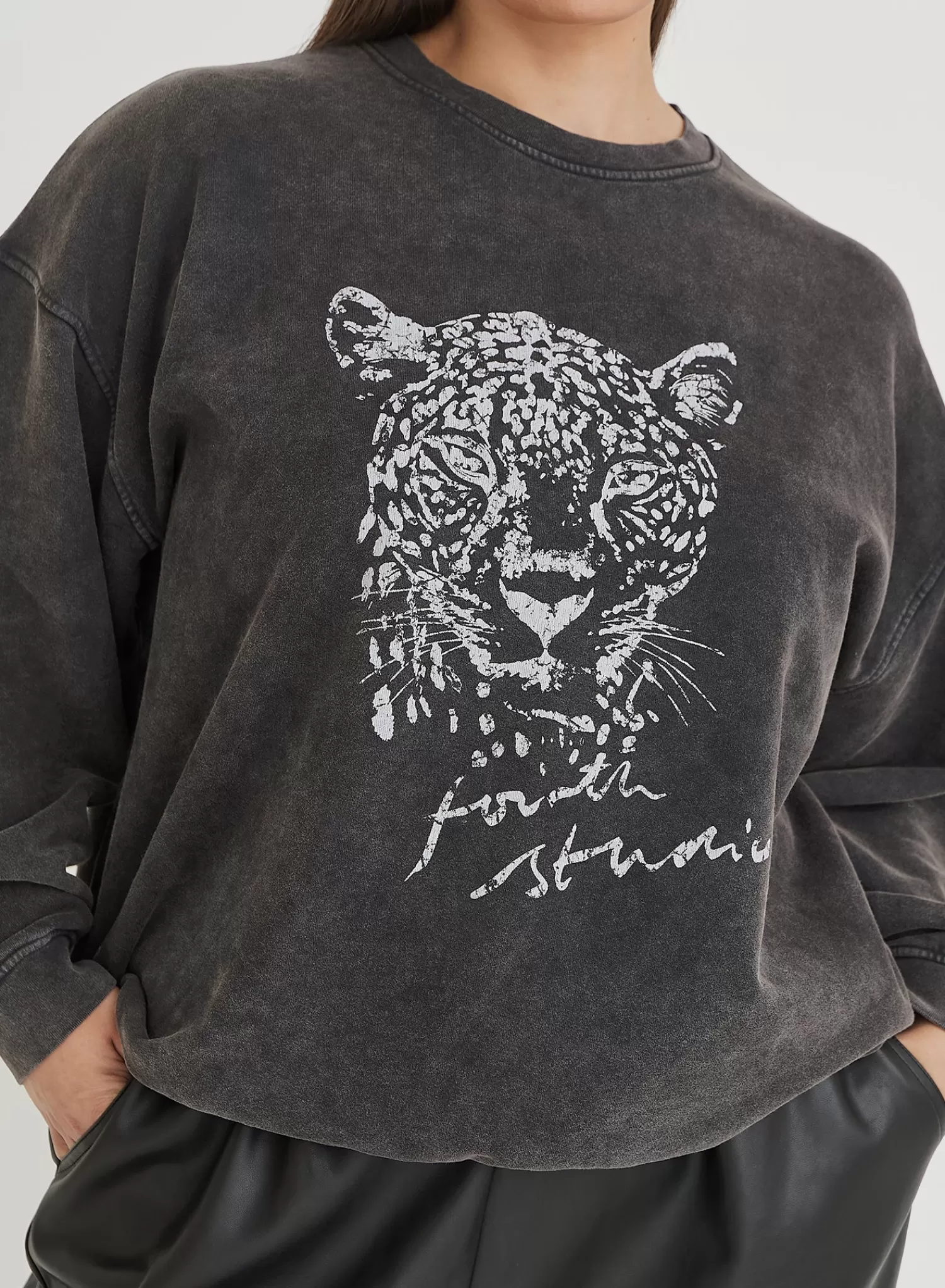 Black Acid Wash Curve Leopard Motif Oversized Sweatshirt- Cara-4th & Reckless Best