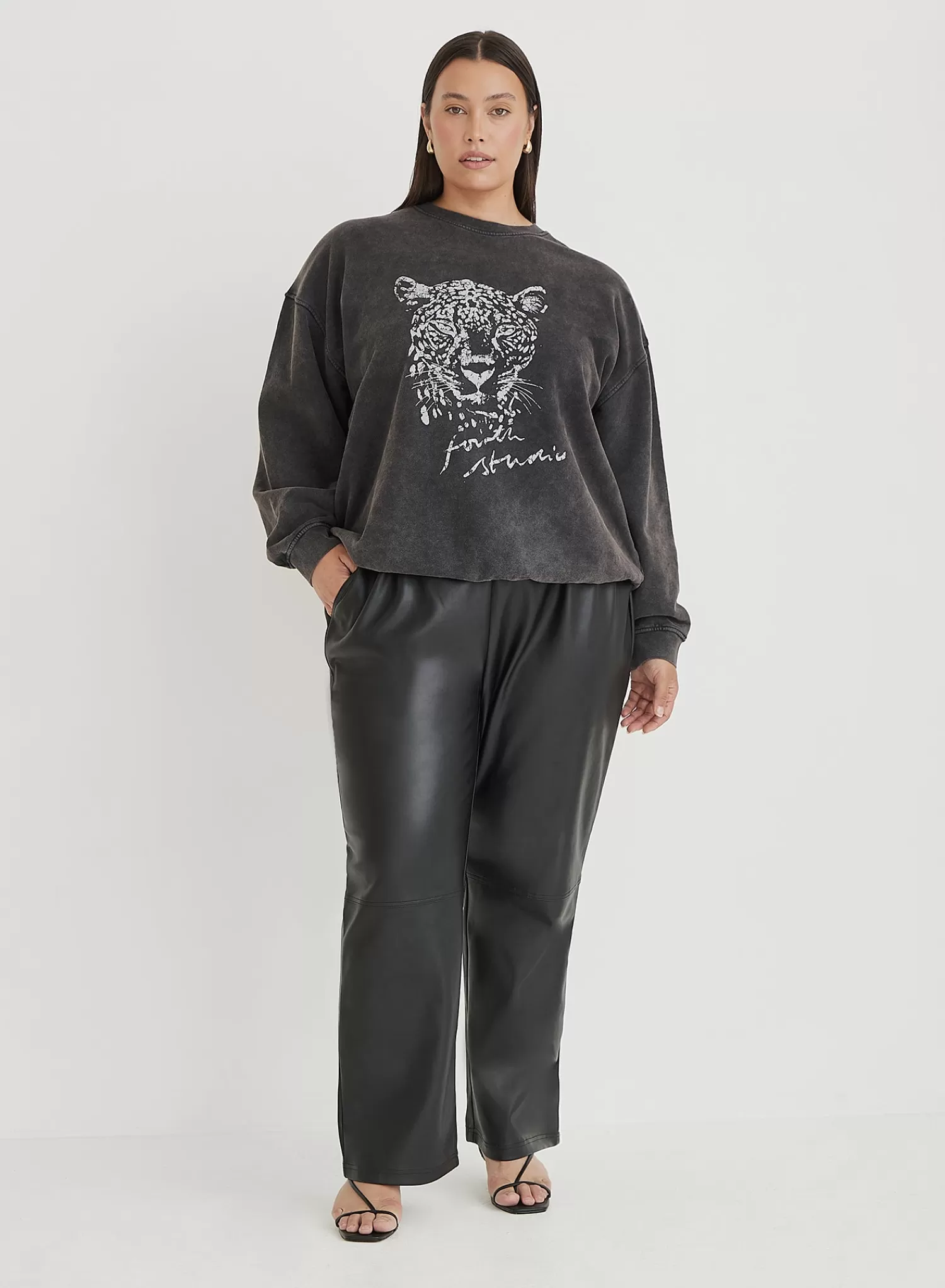 Black Acid Wash Curve Leopard Motif Oversized Sweatshirt- Cara-4th & Reckless Best
