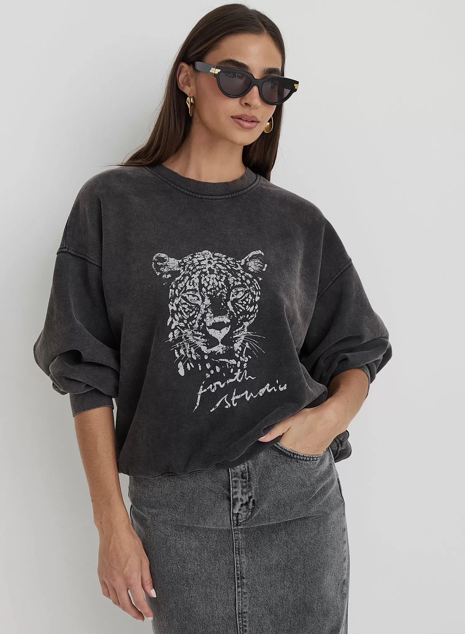 Black Acid Wash Leopard Motif Oversized Sweatshirt- Cara-4th & Reckless Best Sale