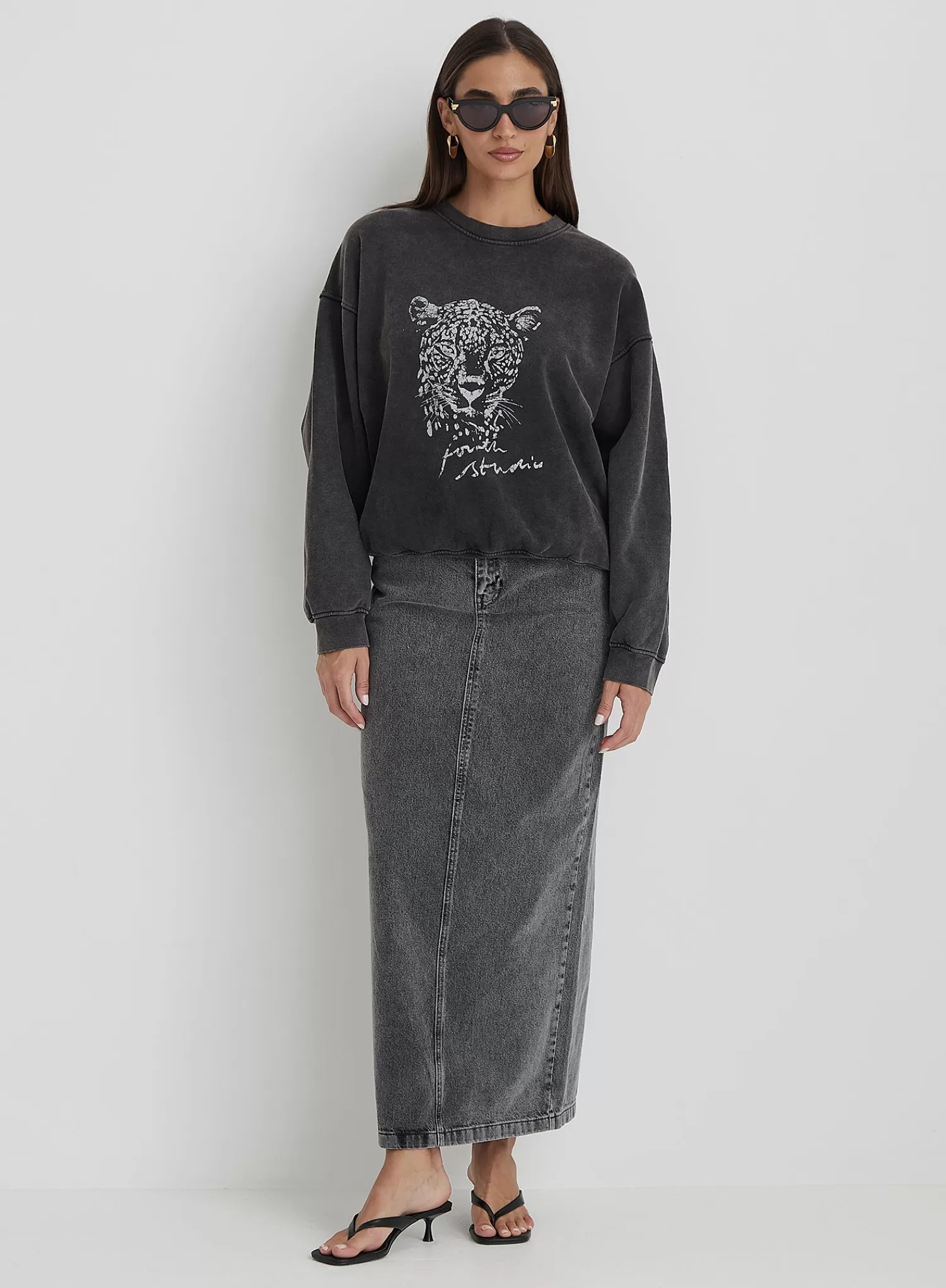 Black Acid Wash Leopard Motif Oversized Sweatshirt- Cara-4th & Reckless Best Sale