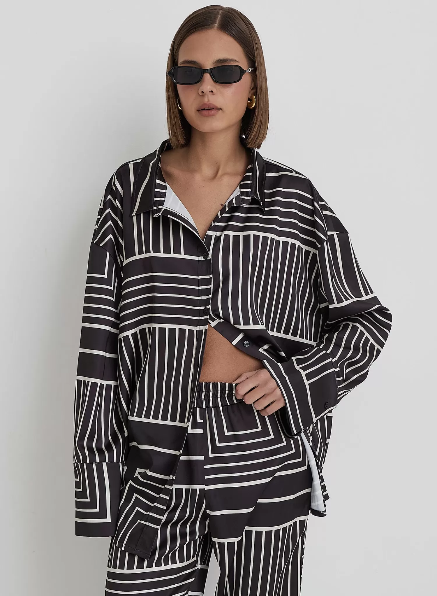 Black And Cream Abstract Print Oversized Satin Shirt- Kora-4th & Reckless Outlet