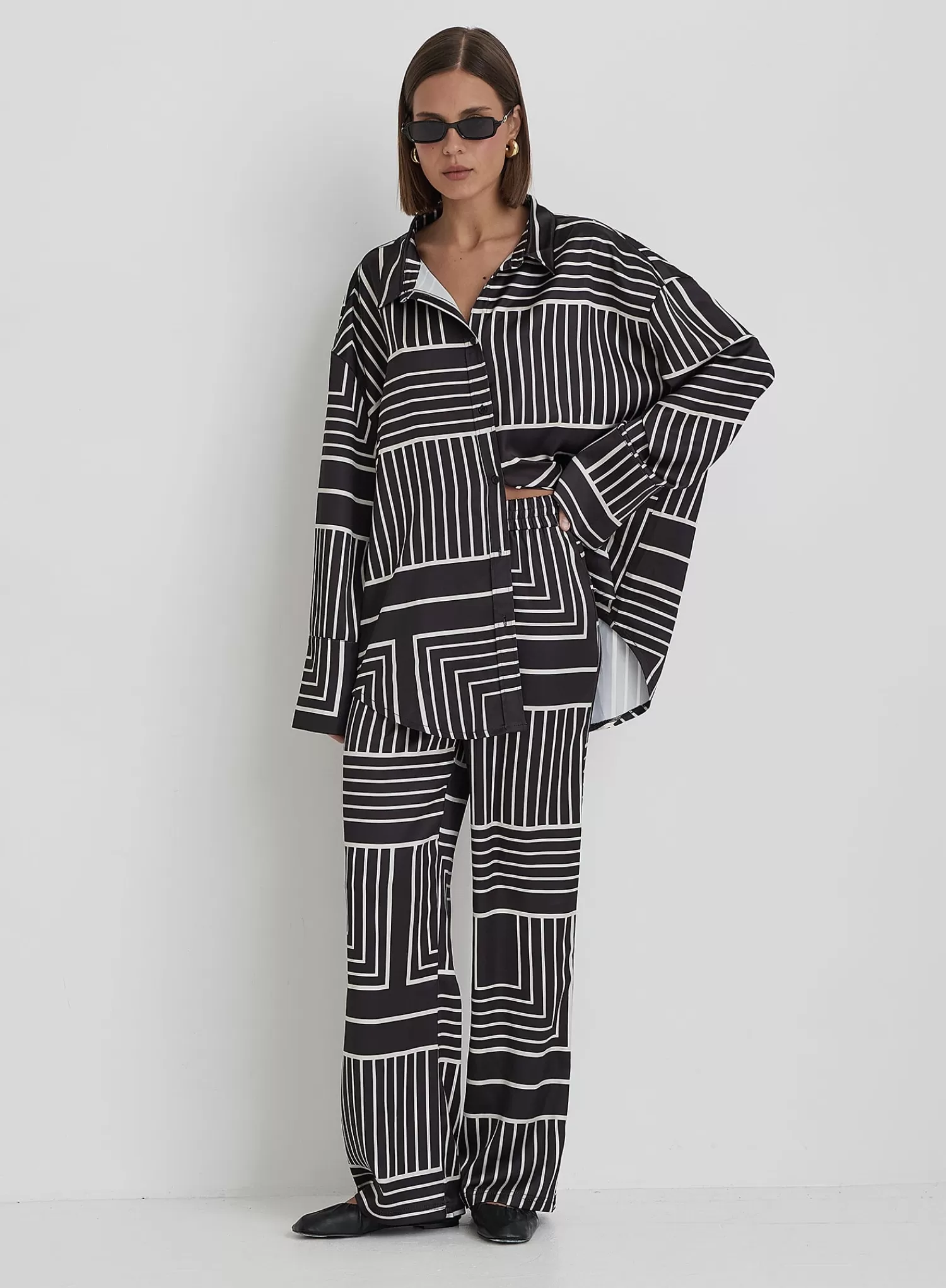 Black And Cream Abstract Print Oversized Satin Shirt- Kora-4th & Reckless Outlet