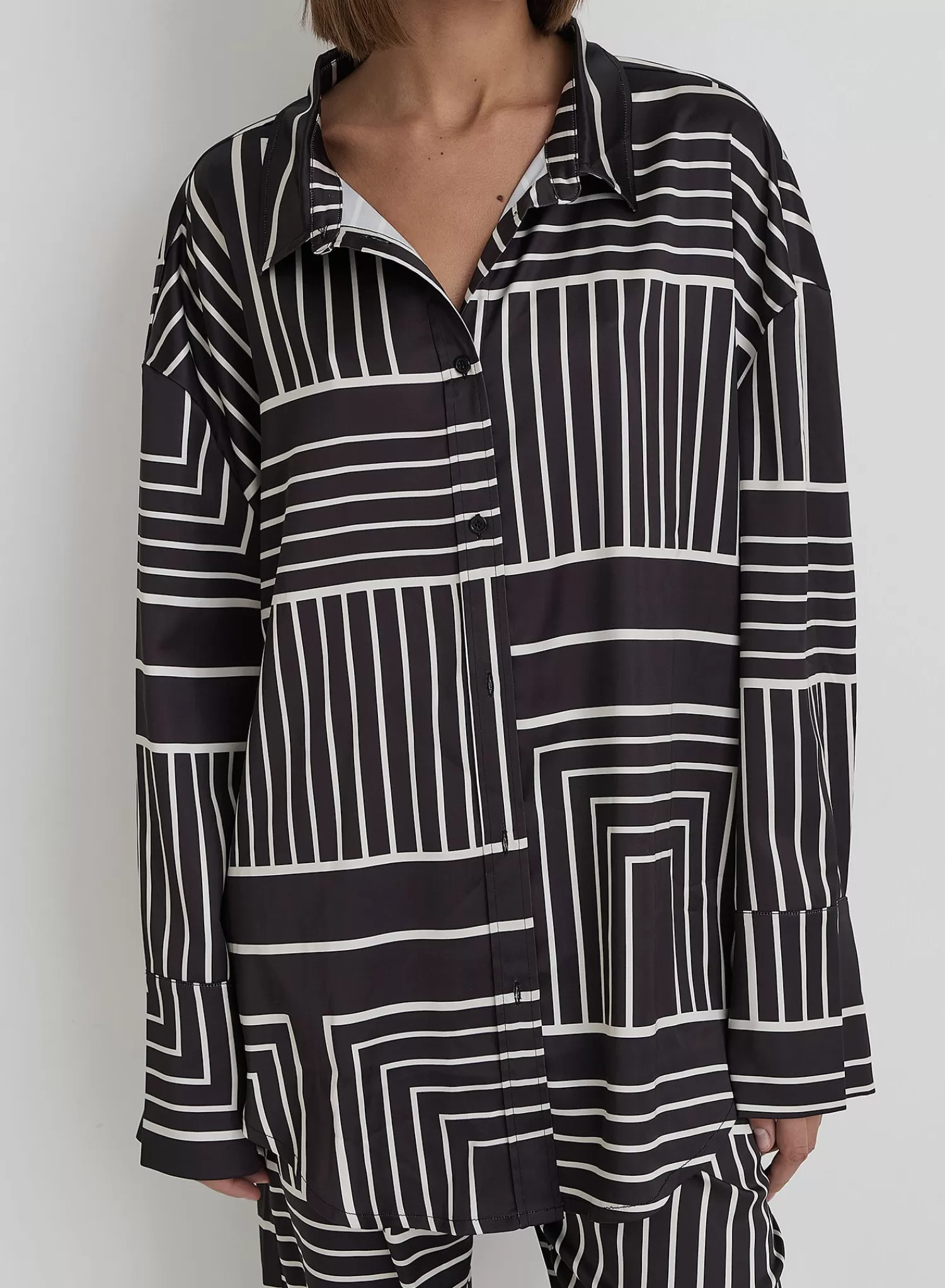 Black And Cream Abstract Print Oversized Satin Shirt- Kora-4th & Reckless Outlet
