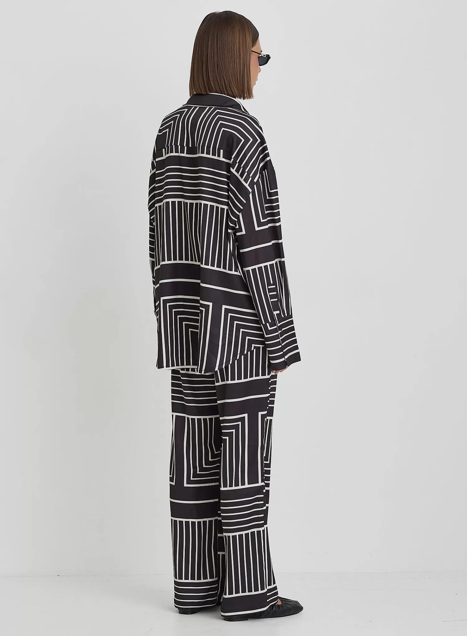 Black And Cream Abstract Print Oversized Satin Shirt- Kora-4th & Reckless Outlet