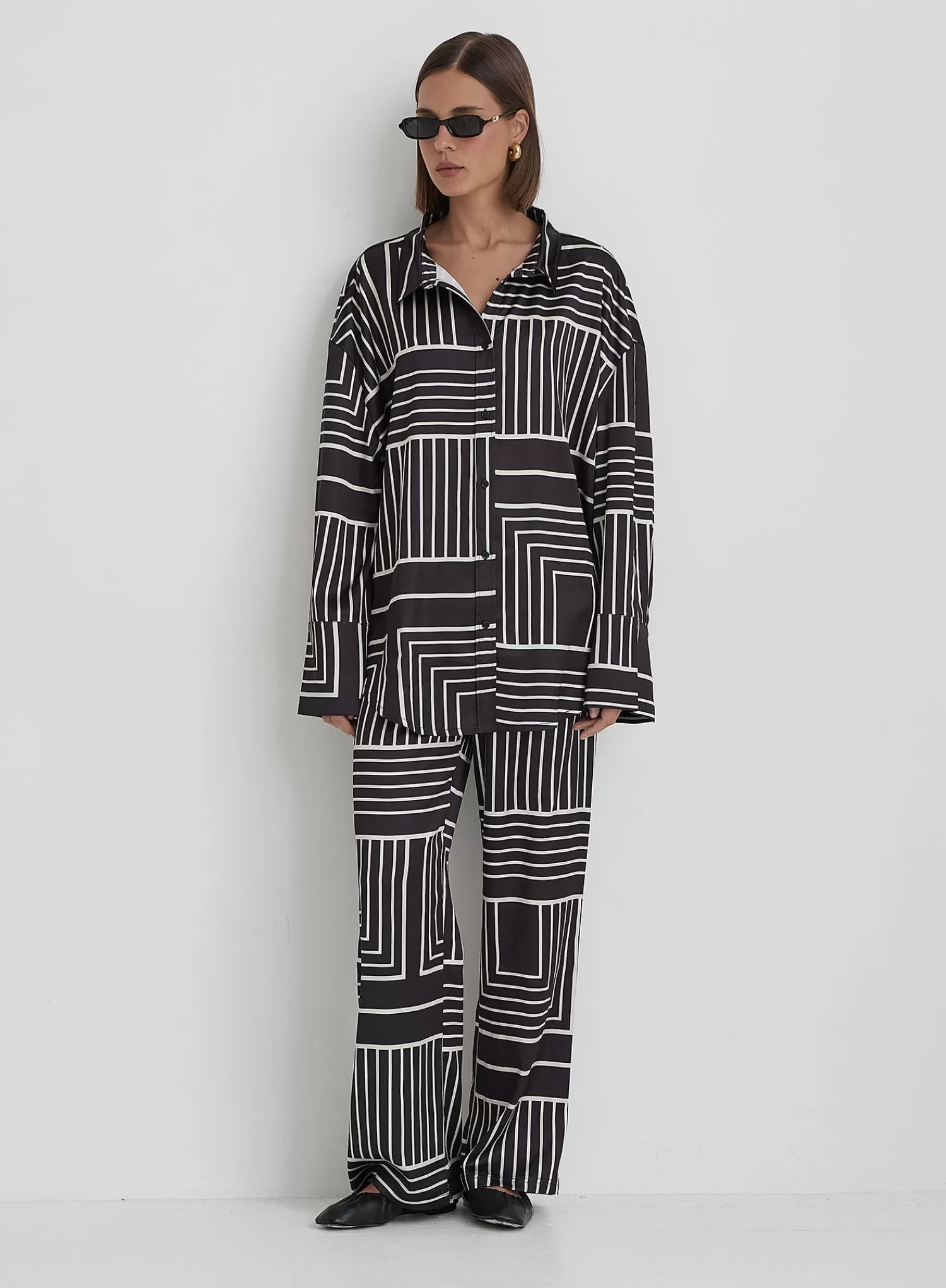 Black And Cream Abstract Print Relaxed Satin Trouser- Kora-4th & Reckless New