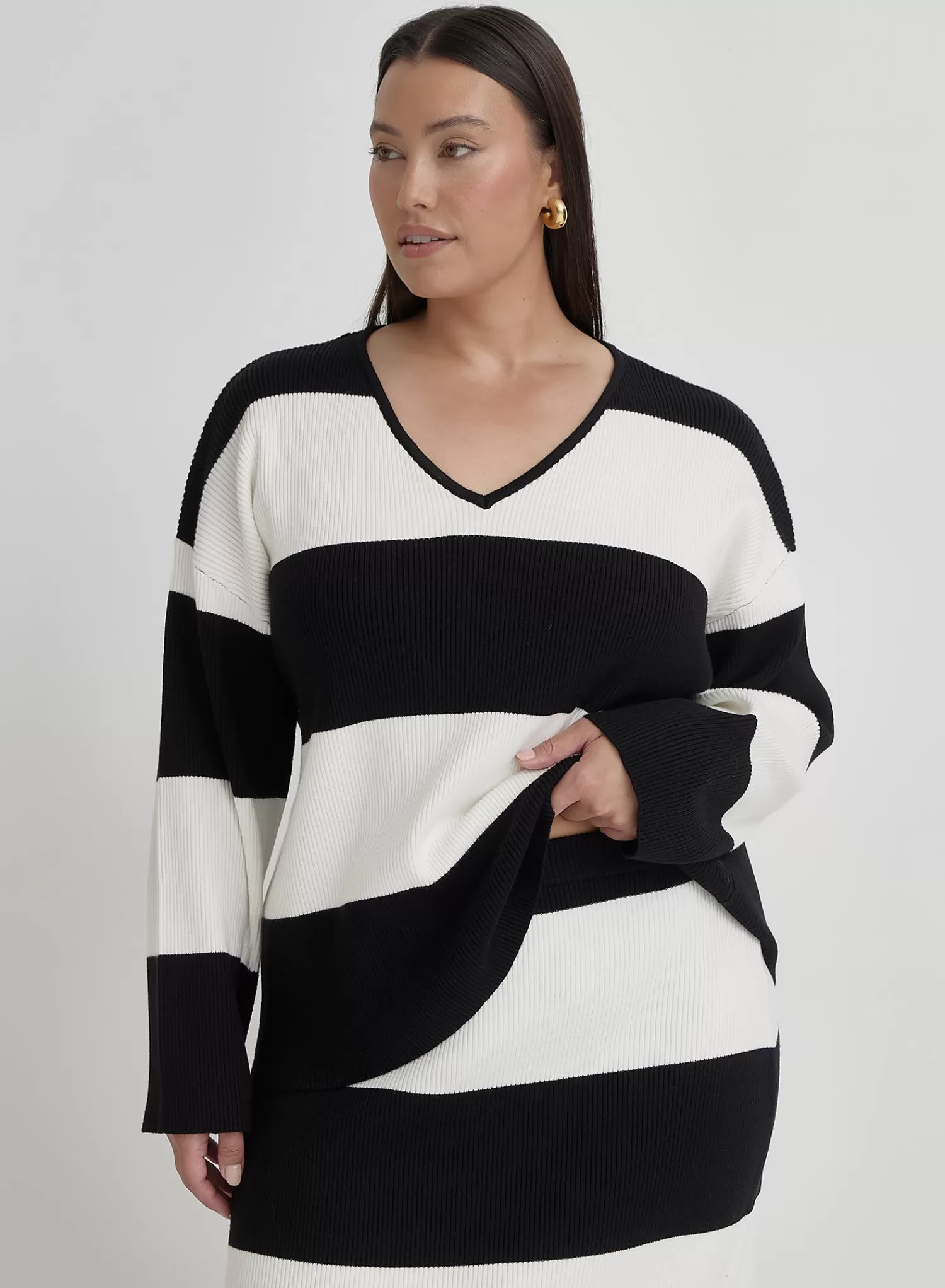 Black And Cream Plus Size Stripe Knitted Jumper- Jacqueline-4th & Reckless New