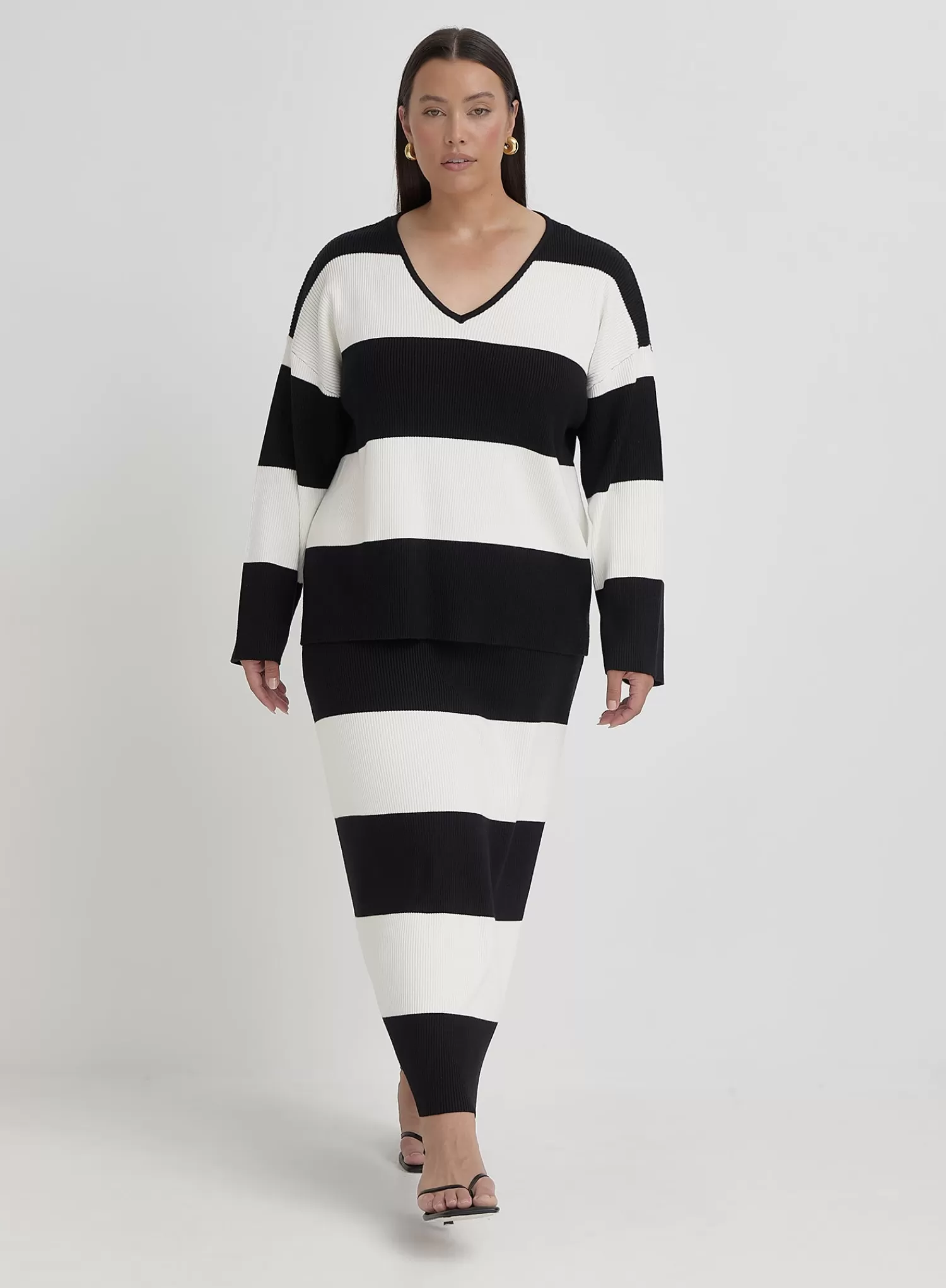 Black And Cream Plus Size Stripe Knitted Jumper- Jacqueline-4th & Reckless New