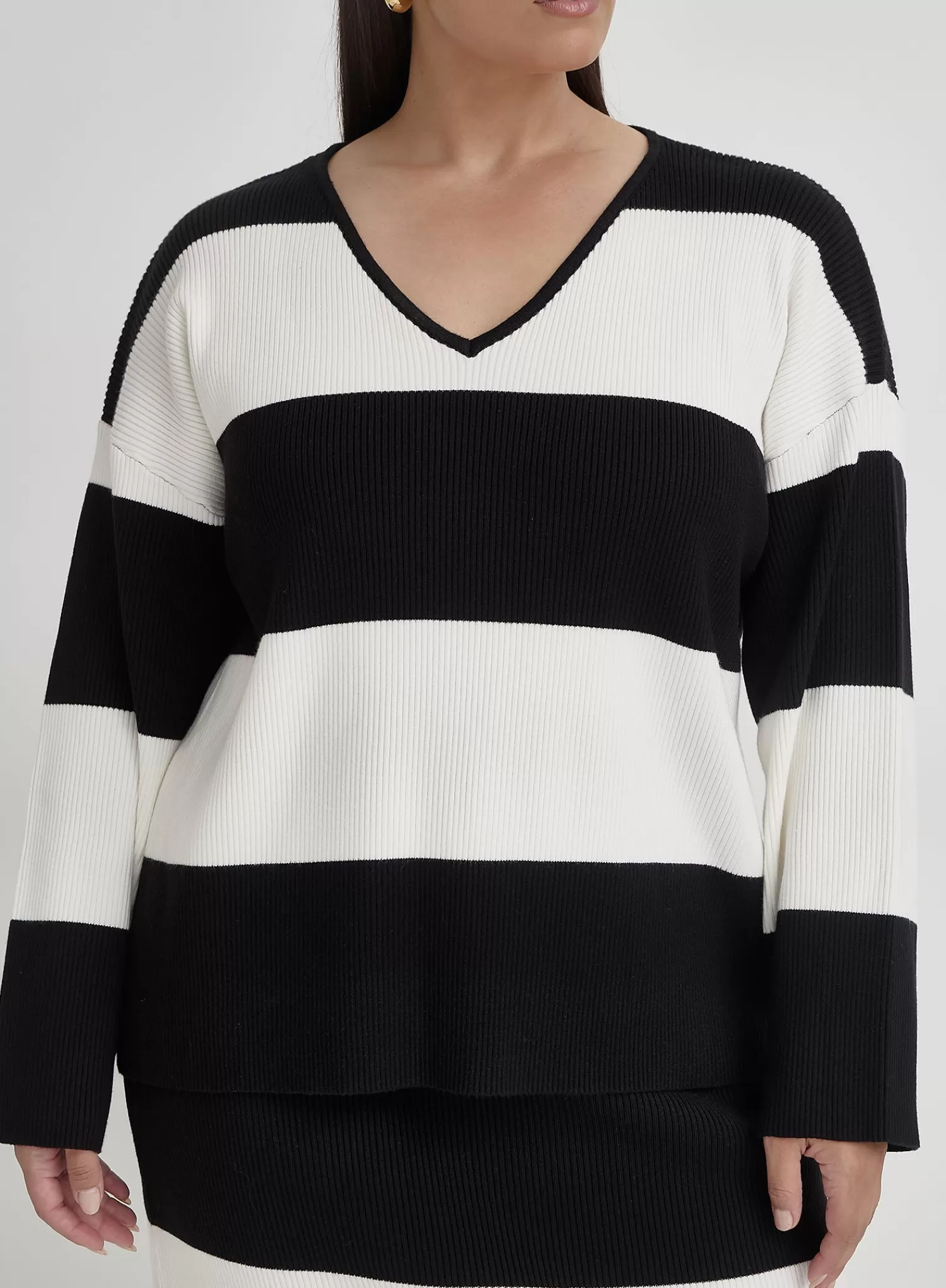 Black And Cream Plus Size Stripe Knitted Jumper- Jacqueline-4th & Reckless New