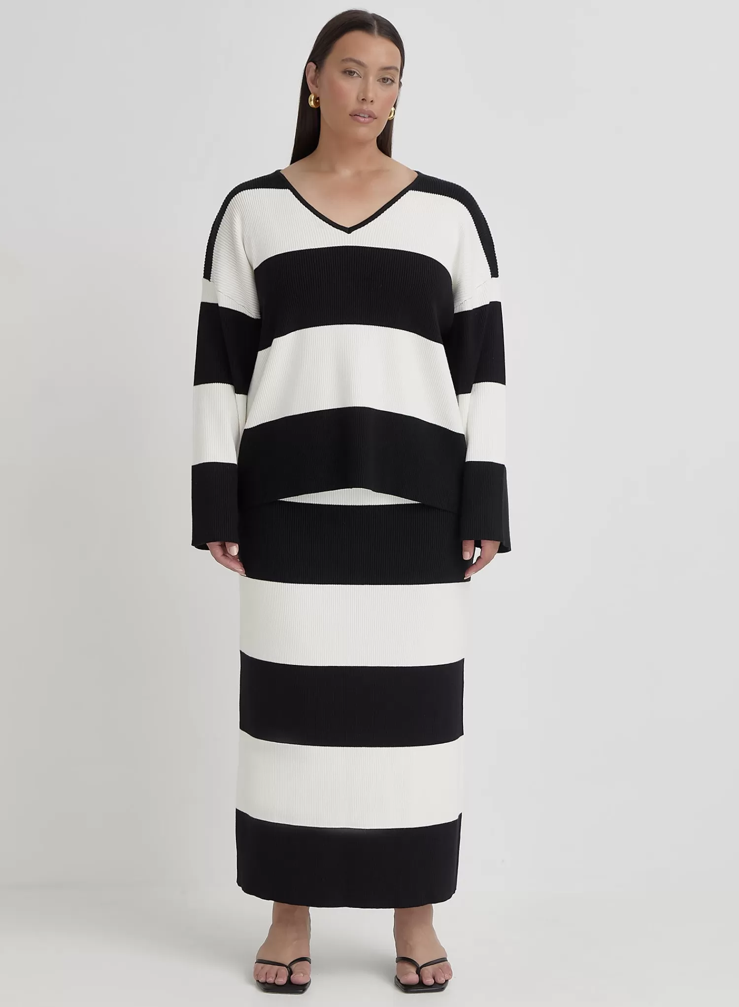Black And Cream Plus Size Stripe Knitted Jumper- Jacqueline-4th & Reckless New