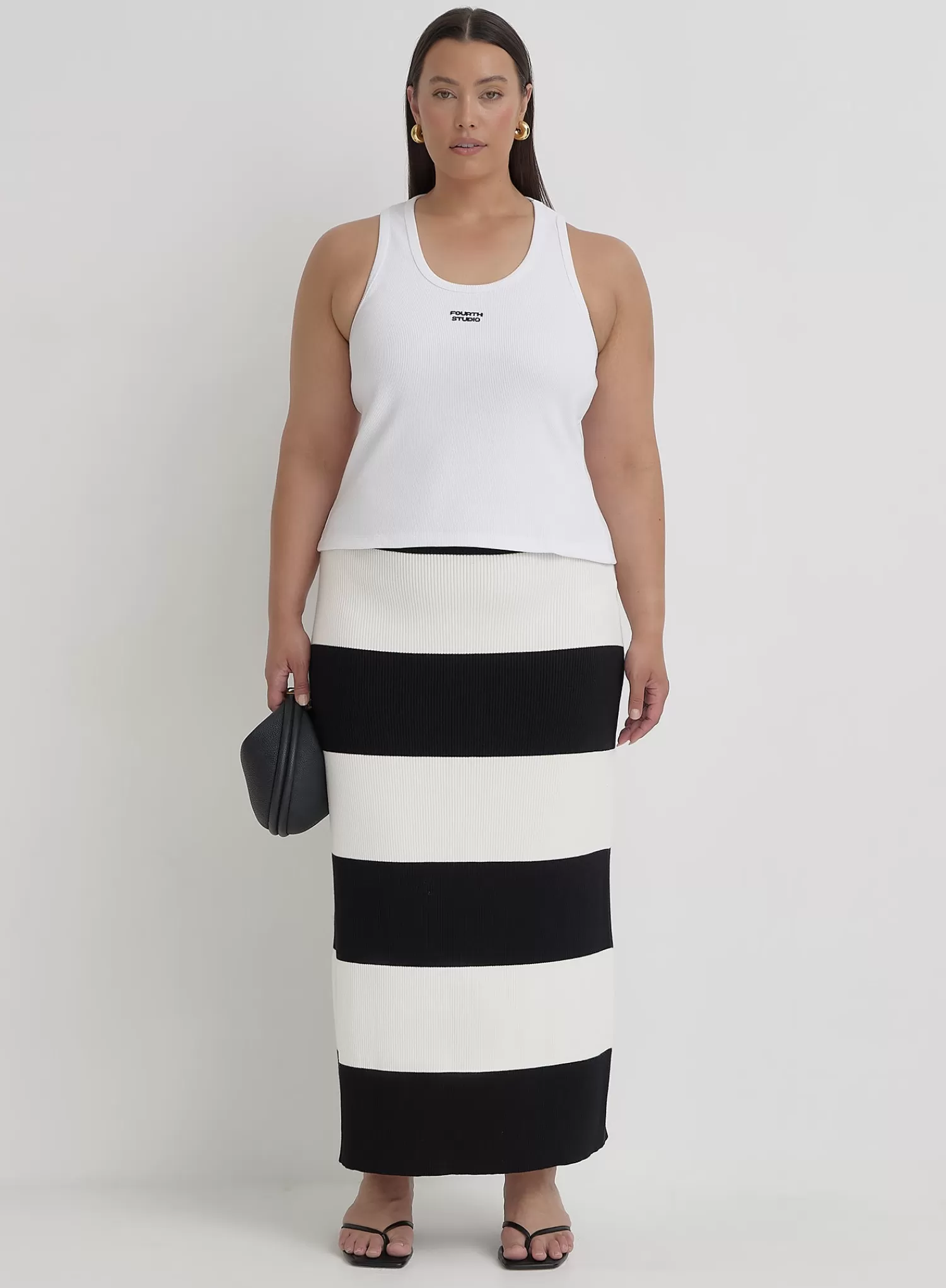 Black And Cream Plus Size Stripe Knitted Maxi Skirt- Jacqueline-4th & Reckless Outlet