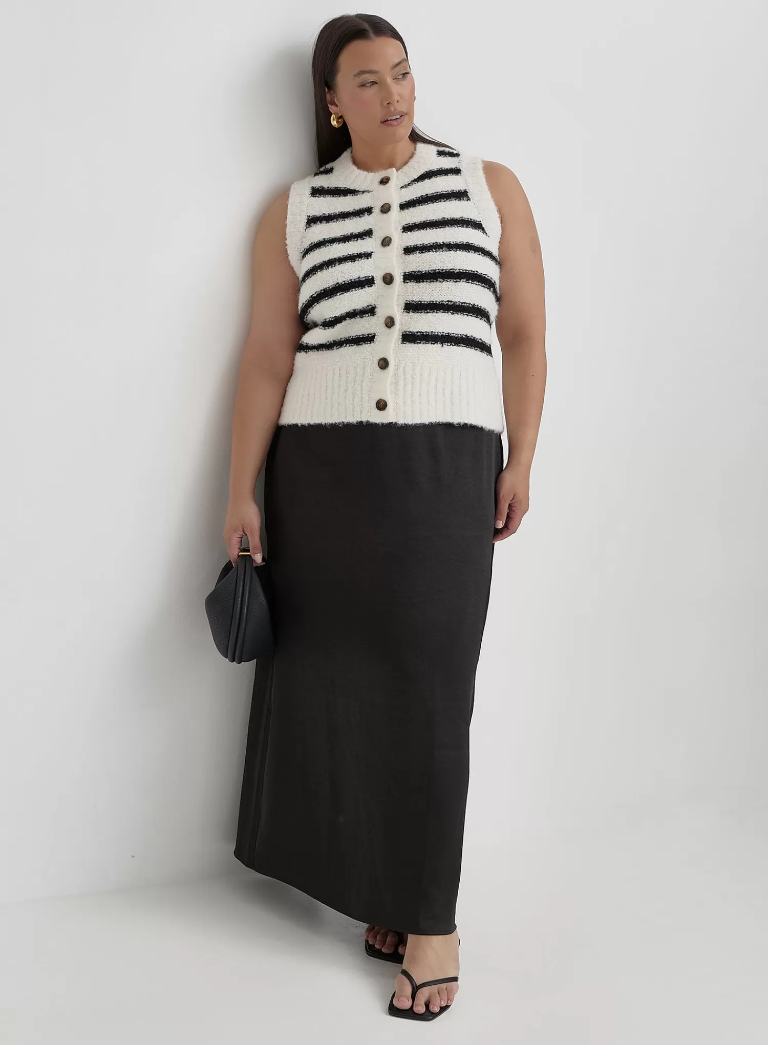 Black And Cream Plus Size Stripe Knitted Waistcoat- Daphie-4th & Reckless Fashion