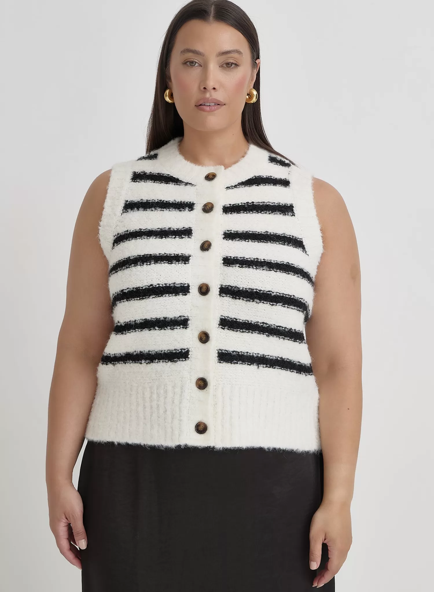 Black And Cream Plus Size Stripe Knitted Waistcoat- Daphie-4th & Reckless Fashion
