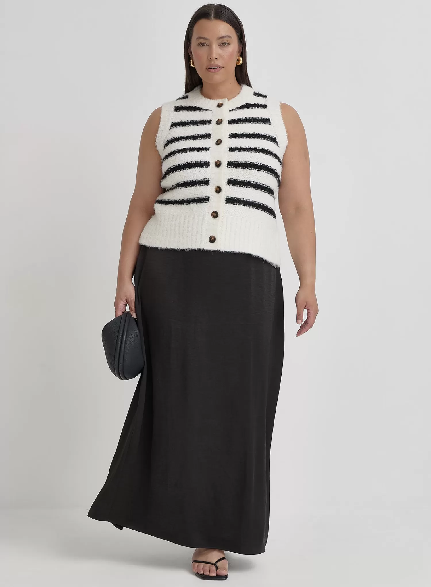 Black And Cream Plus Size Stripe Knitted Waistcoat- Daphie-4th & Reckless Fashion