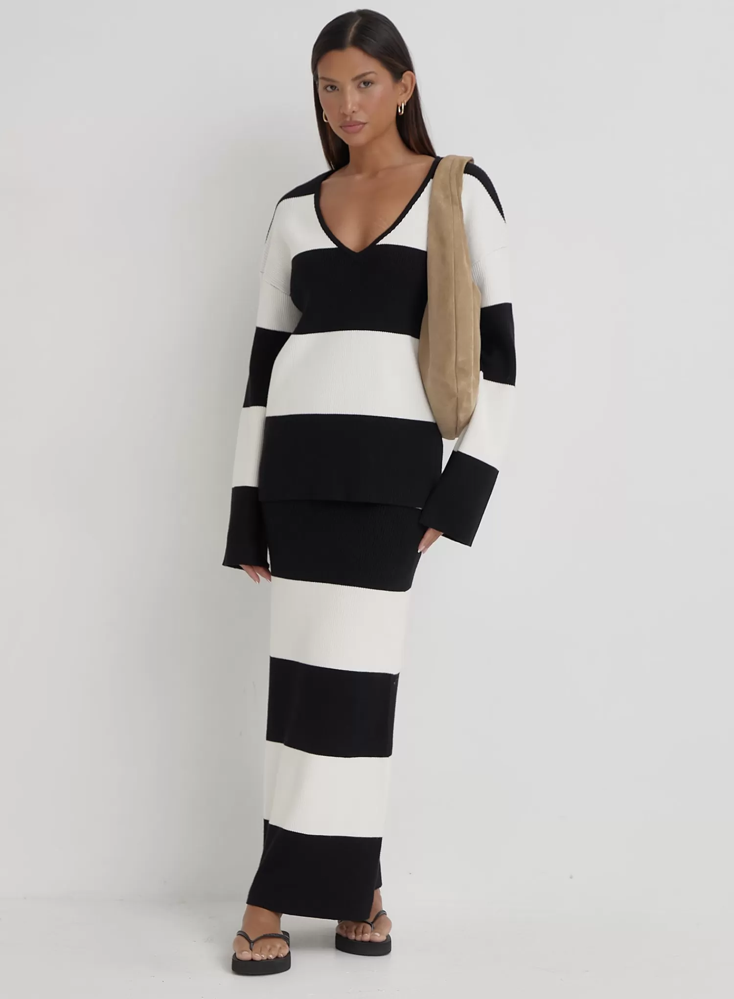 Black And Cream Stripe Knitted Jumper- Jacqueline-4th & Reckless Hot