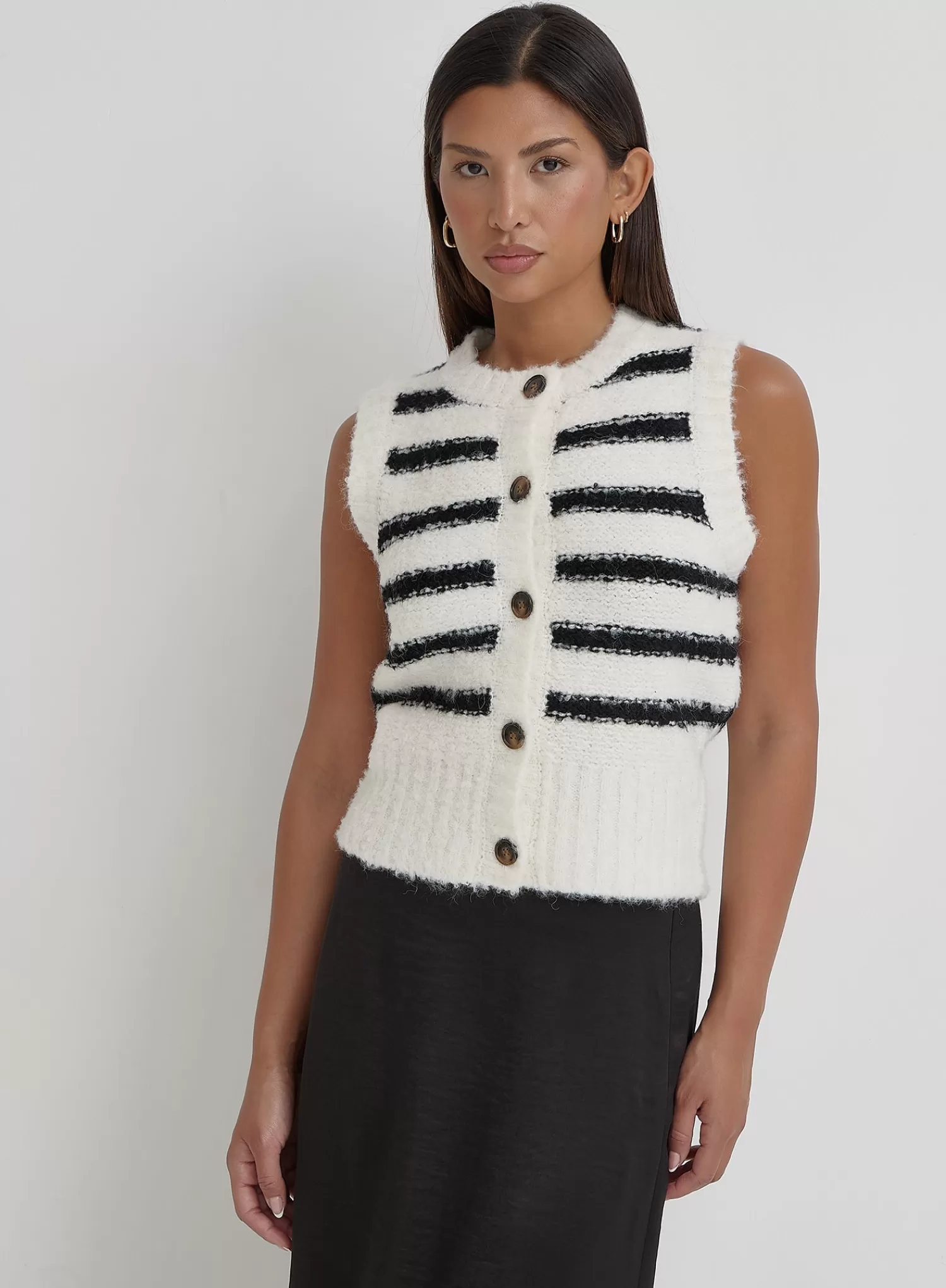 Black And Cream Stripe Knitted Waistcoat- Daphie-4th & Reckless Store