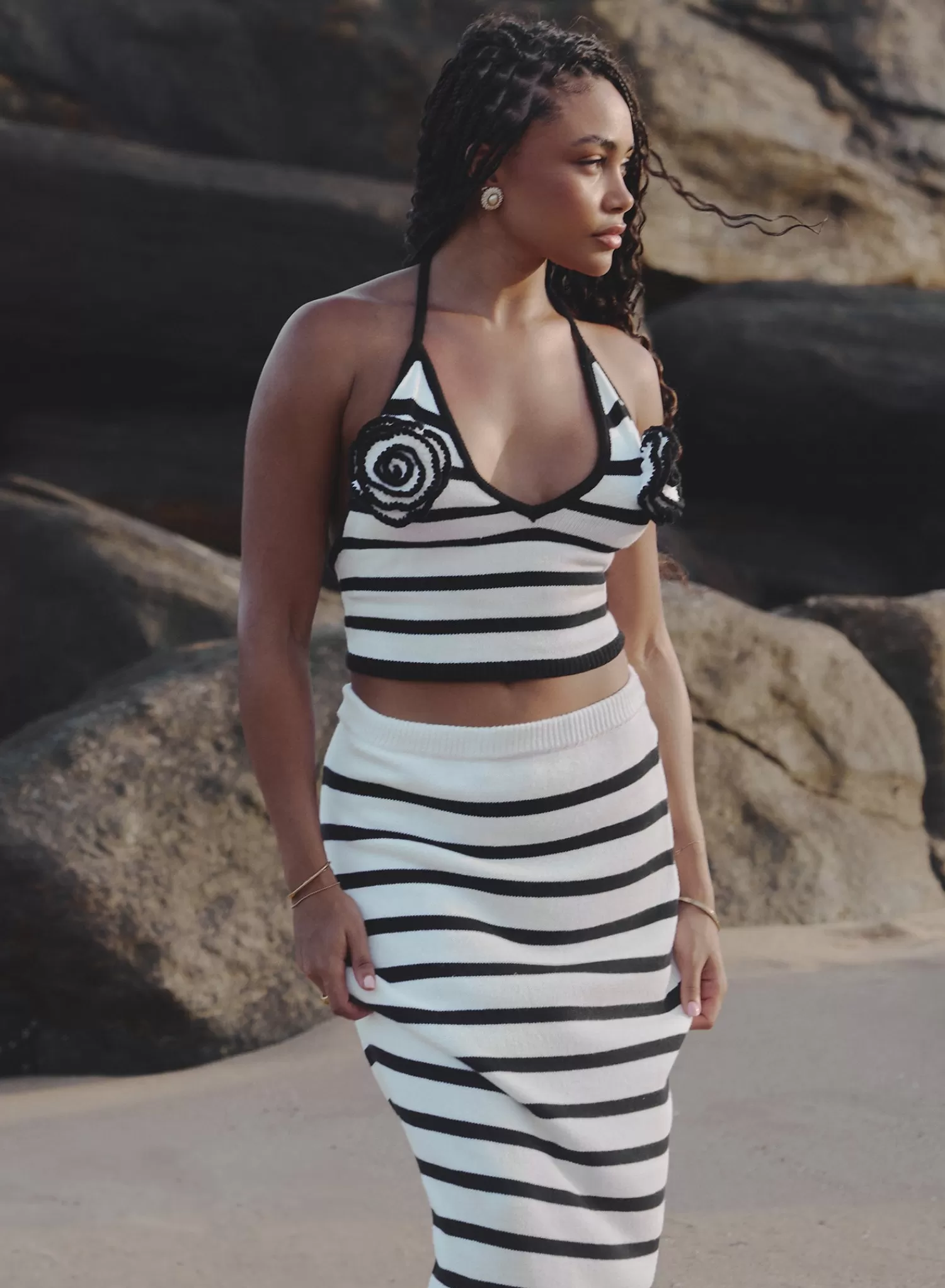 Black And White Stripe Knit Corsage Halterneck Top- Rico-4th & Reckless Sale