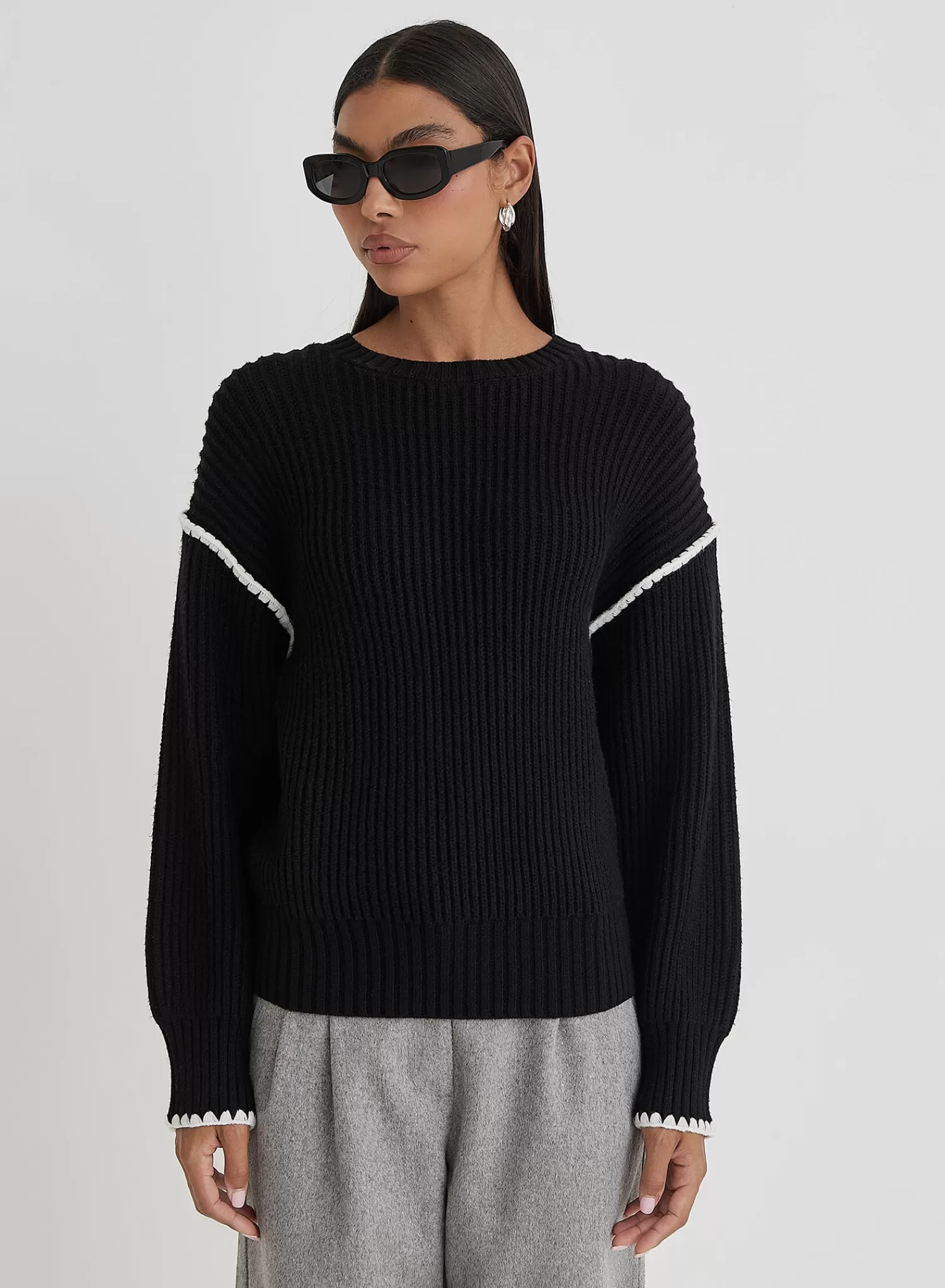 Black Contrast Stitching Knit Jumper- Hollie-4th & Reckless Flash Sale