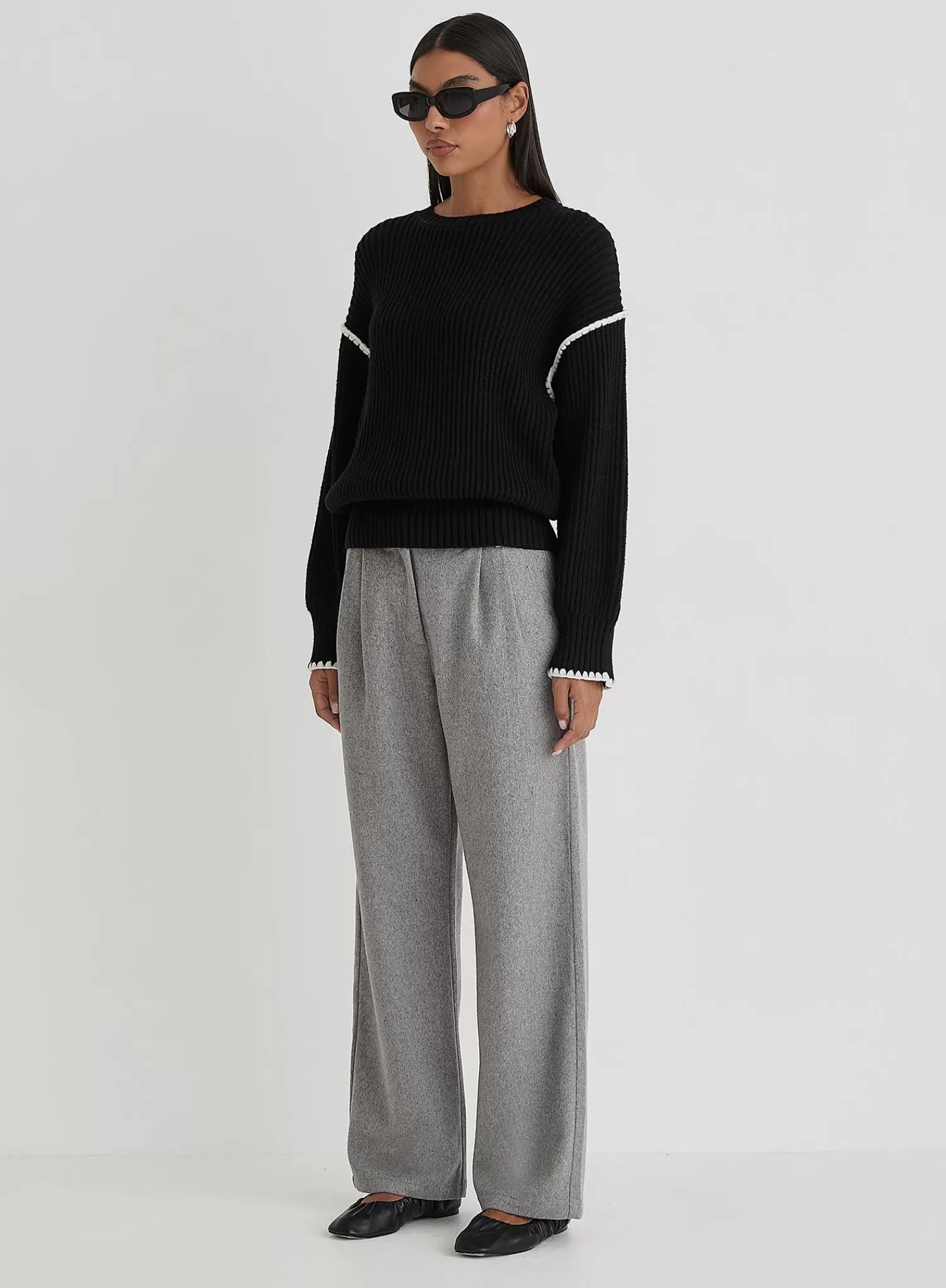 Black Contrast Stitching Knit Jumper- Hollie-4th & Reckless Flash Sale