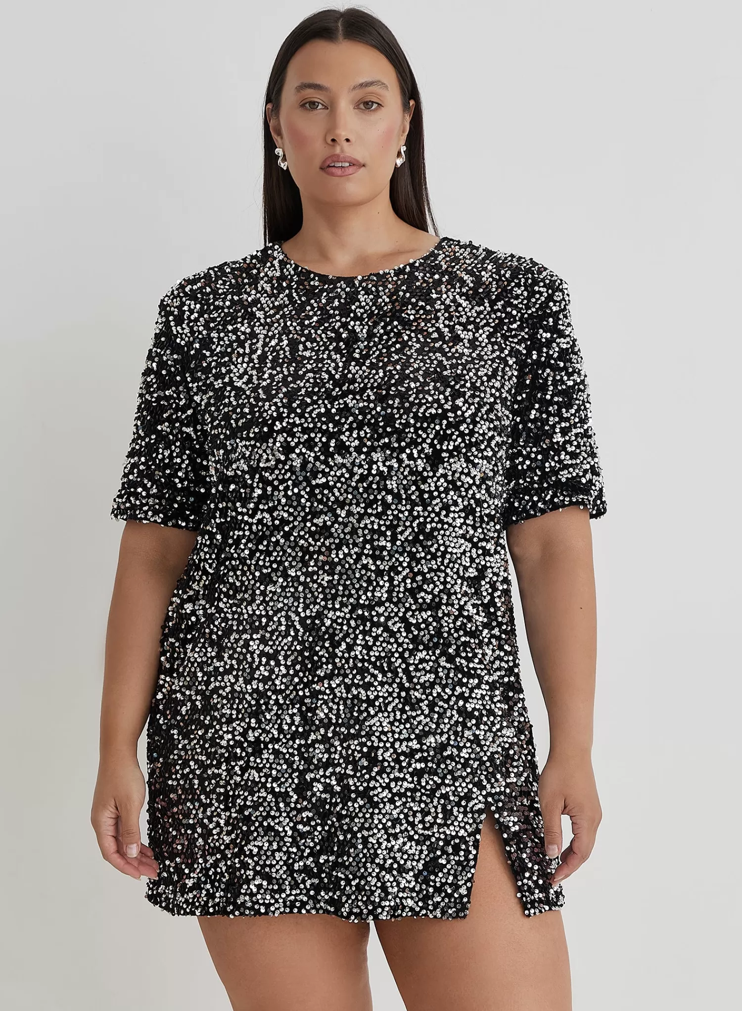 Black Curve Open Back Sequin T-Shirt Dress- Marca-4th & Reckless Flash Sale