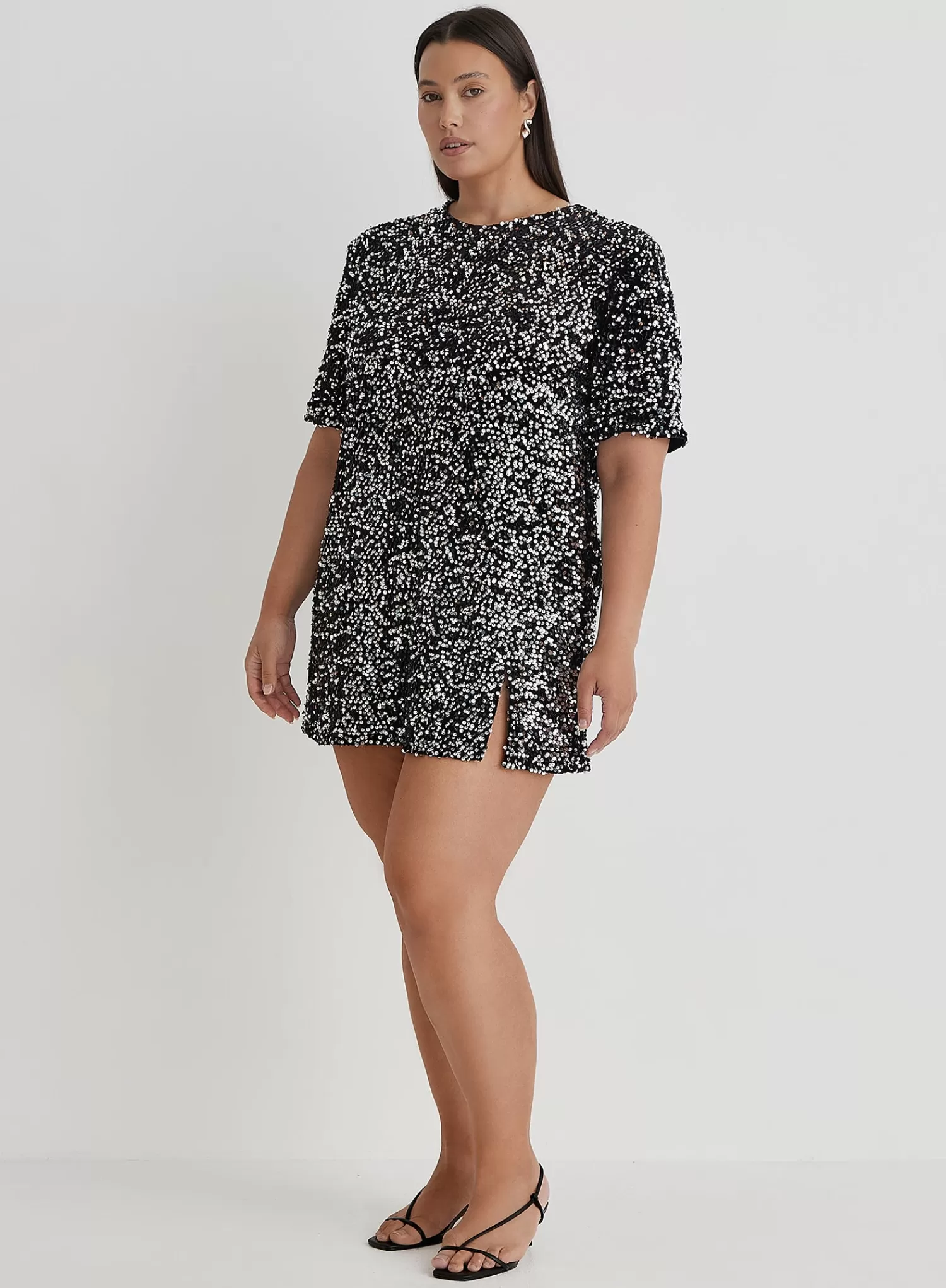 Black Curve Open Back Sequin T-Shirt Dress- Marca-4th & Reckless Flash Sale