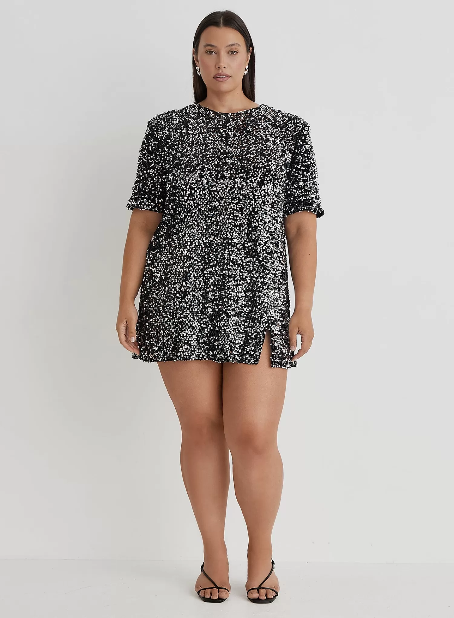 Black Curve Open Back Sequin T-Shirt Dress- Marca-4th & Reckless Flash Sale