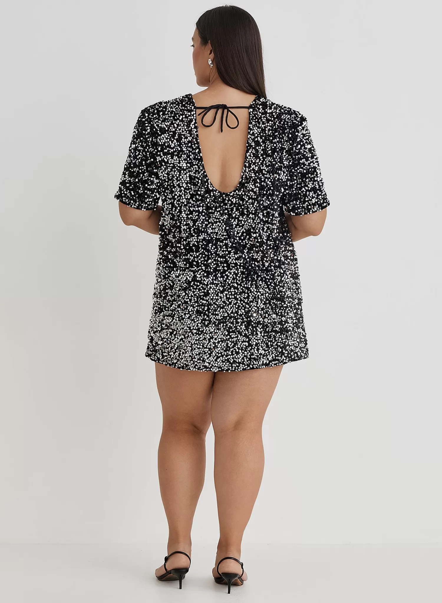 Black Curve Open Back Sequin T-Shirt Dress- Marca-4th & Reckless Flash Sale