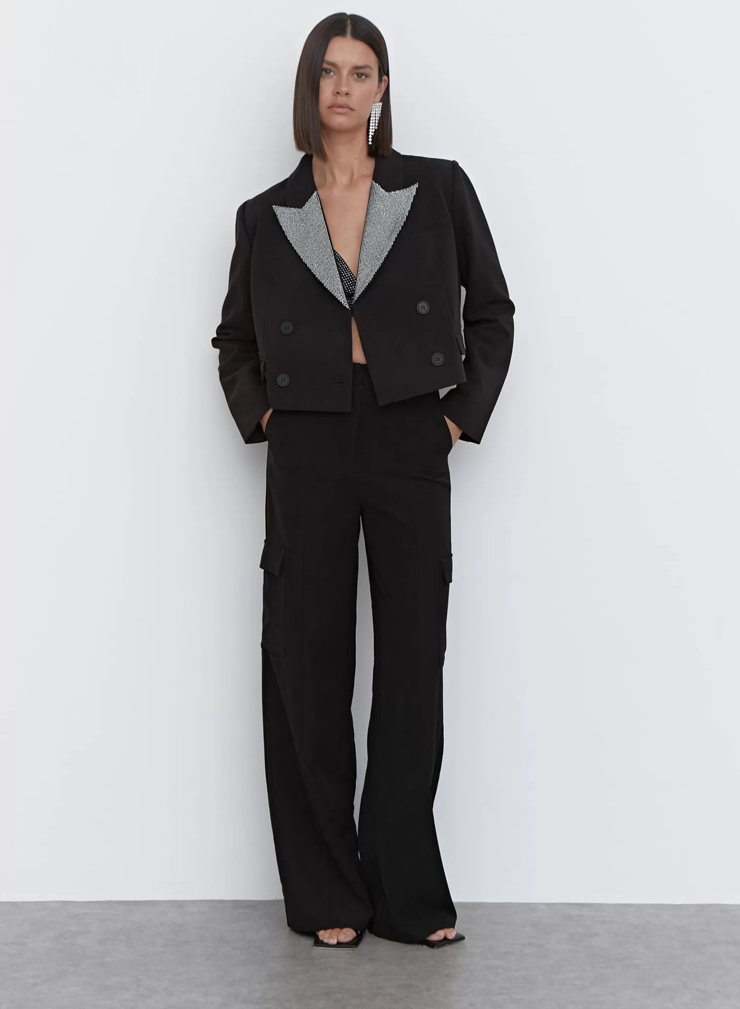 Black Diamante Collar Cropped Blazer - Tabitha-4th & Reckless Flash Sale