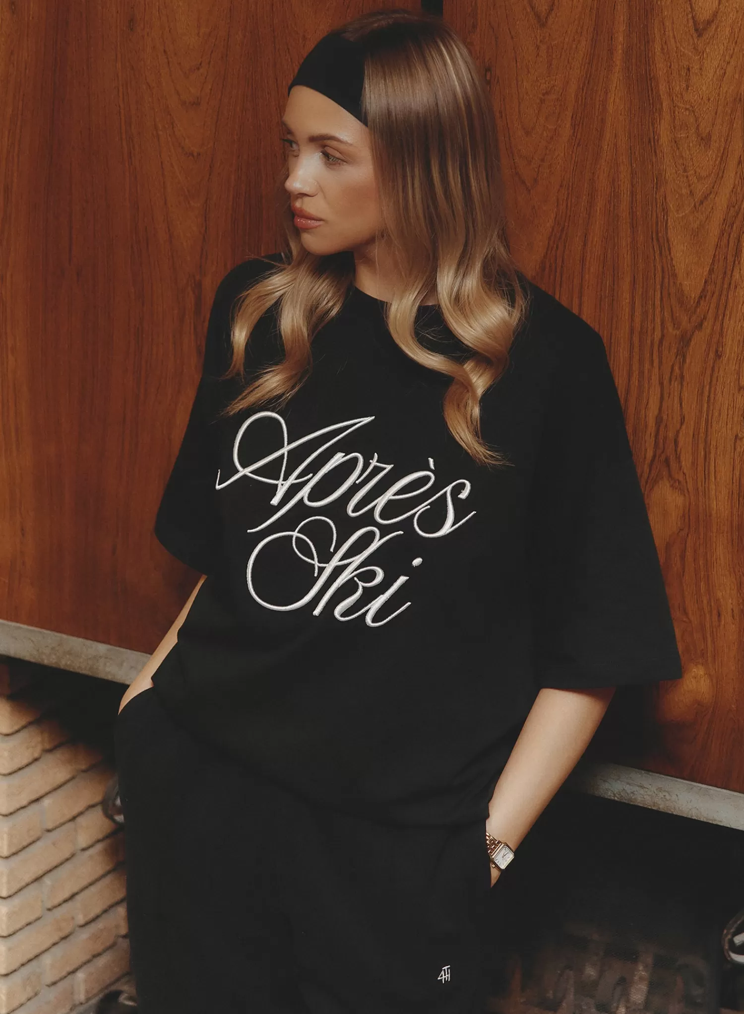 Black Embroidered Apres Ski Slogan T-Shirt- Asher-4th & Reckless Store