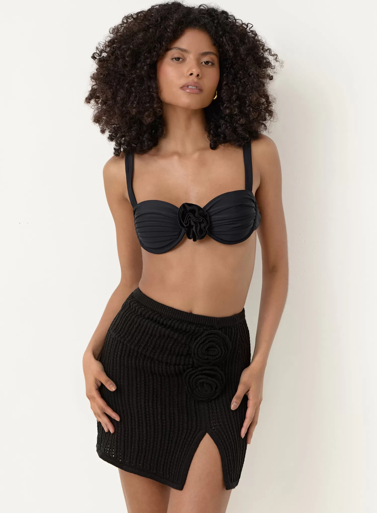 Black Knit Side Split Rose Mini Skirt- Tahiti-4th & Reckless Cheap