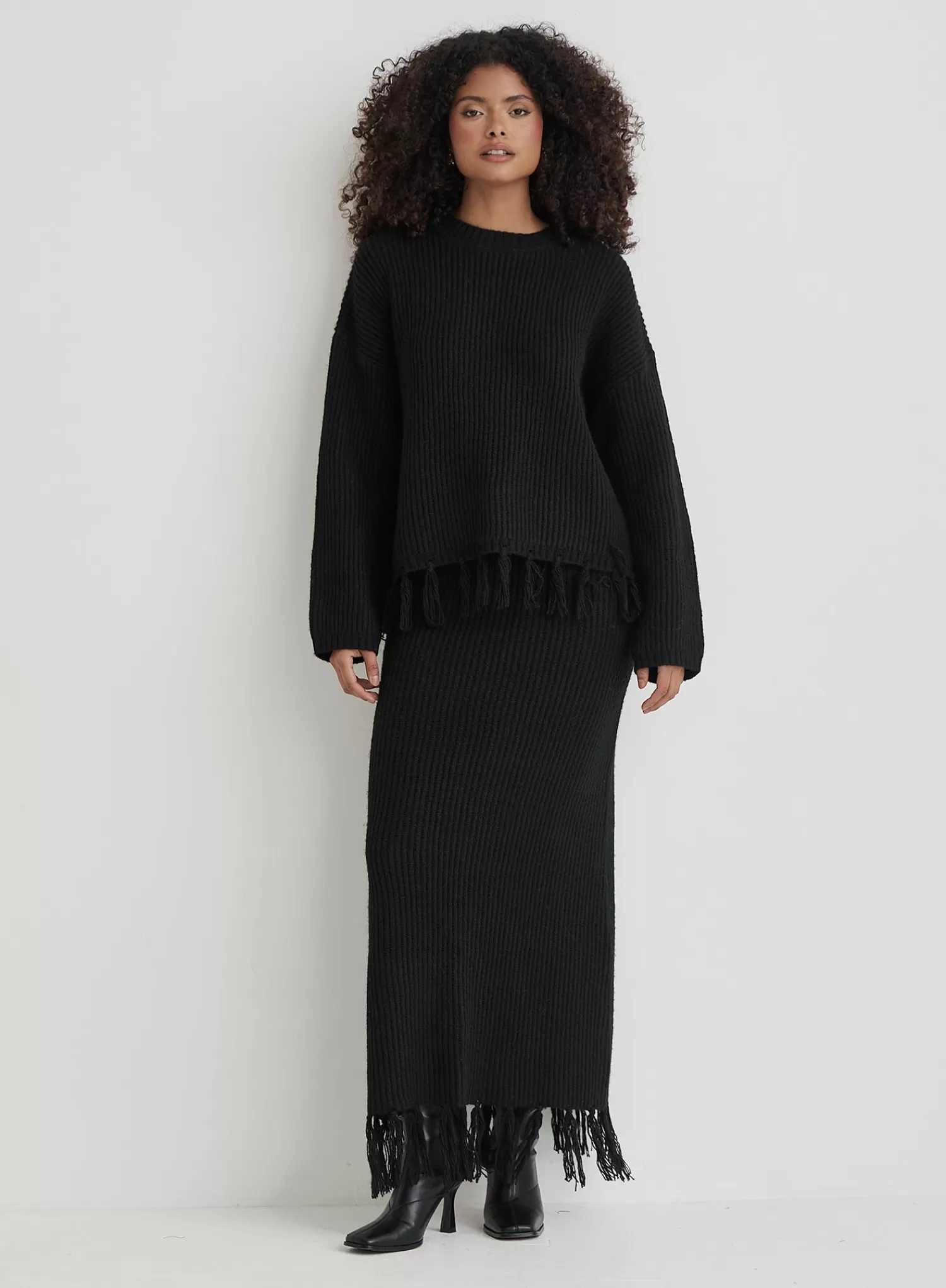 Black Knit Tassle Trim Maxi Skirt- Fallon-4th & Reckless Cheap