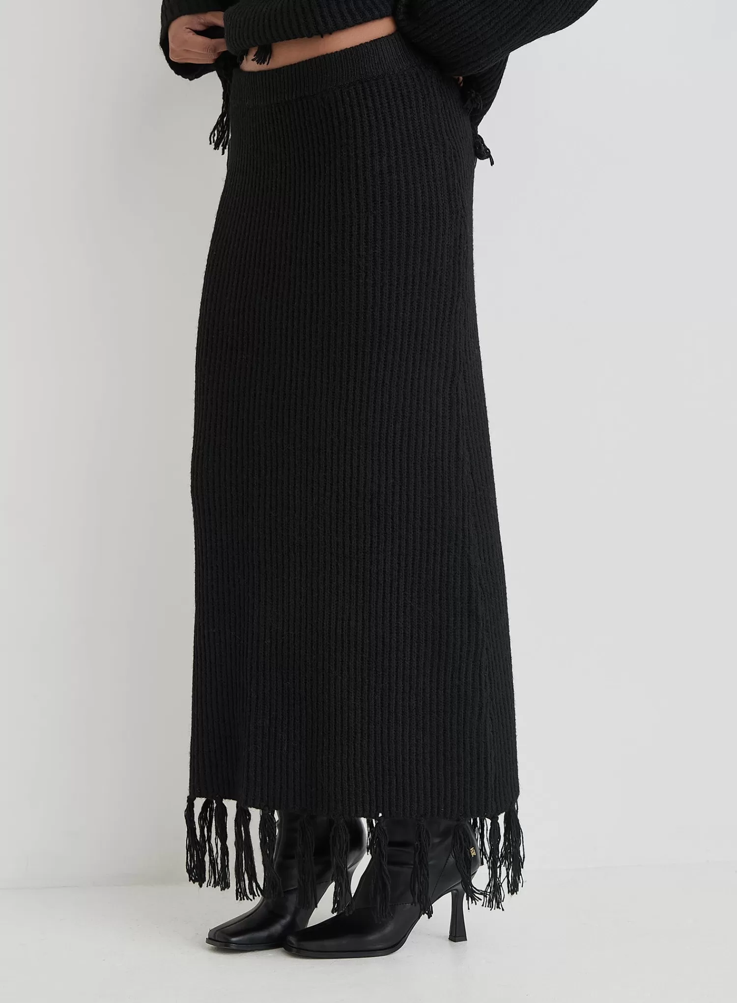 Black Knit Tassle Trim Maxi Skirt- Fallon-4th & Reckless Cheap