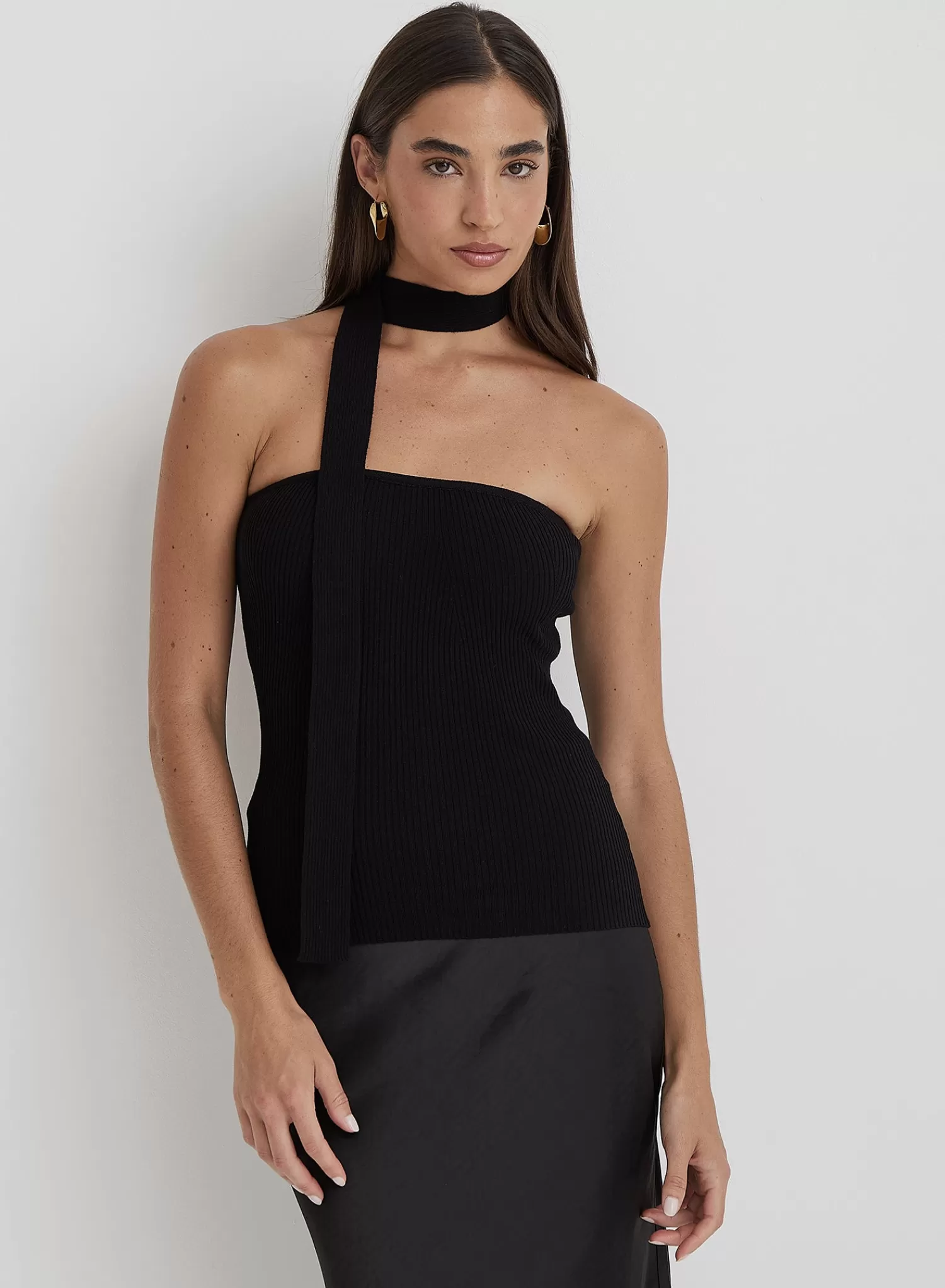 Black Ribbed Knit Bandeau Scarf Top - Alexandra-4th & Reckless Outlet