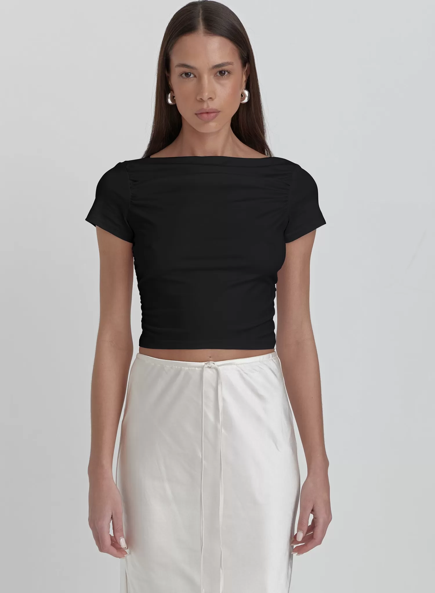Black Ruched Jersey Cropped T-shirt- Darrilyn-4th & Reckless Best