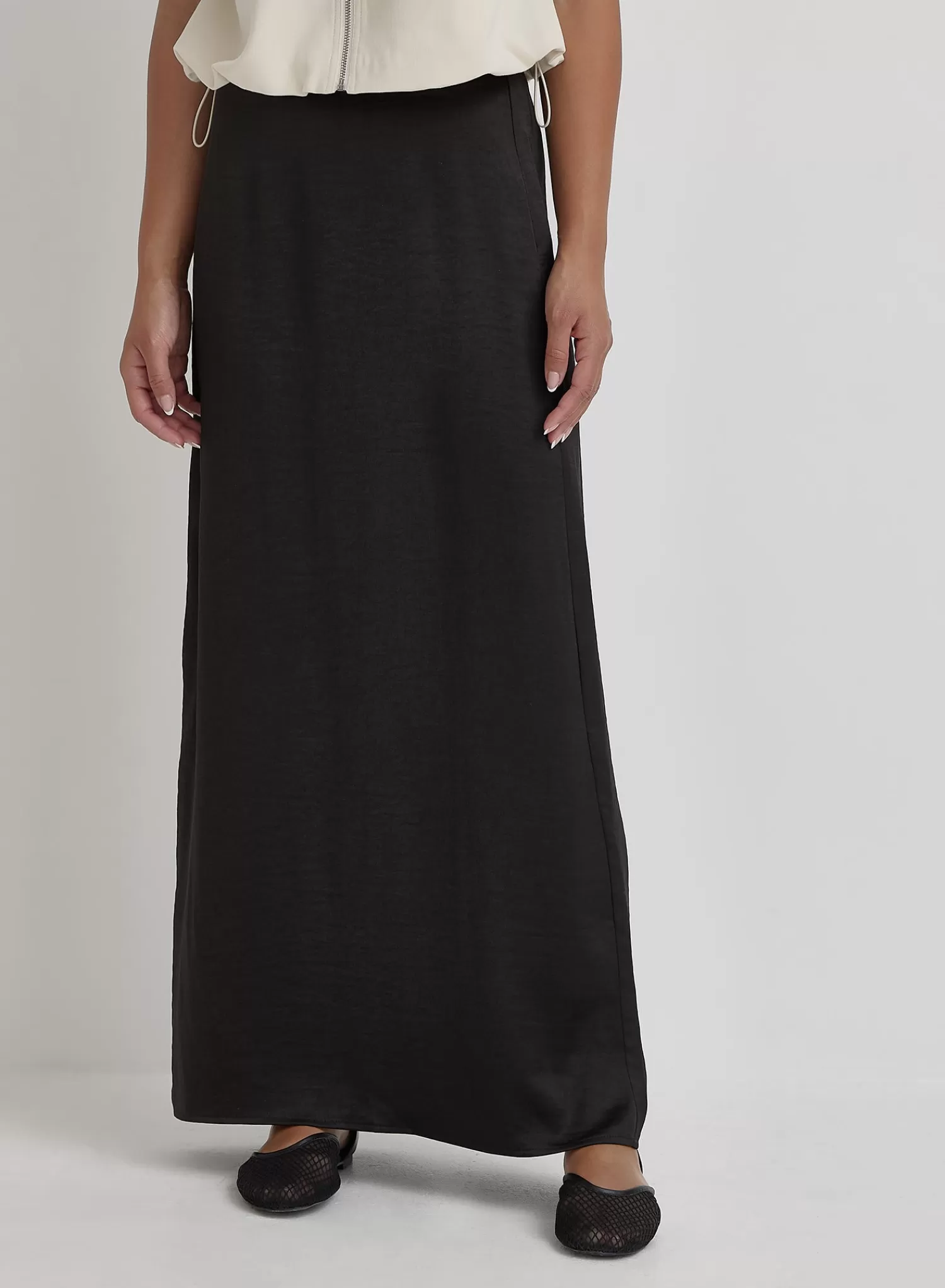 Black Satin Back Split Maxi Skirt- Alis-4th & Reckless Store