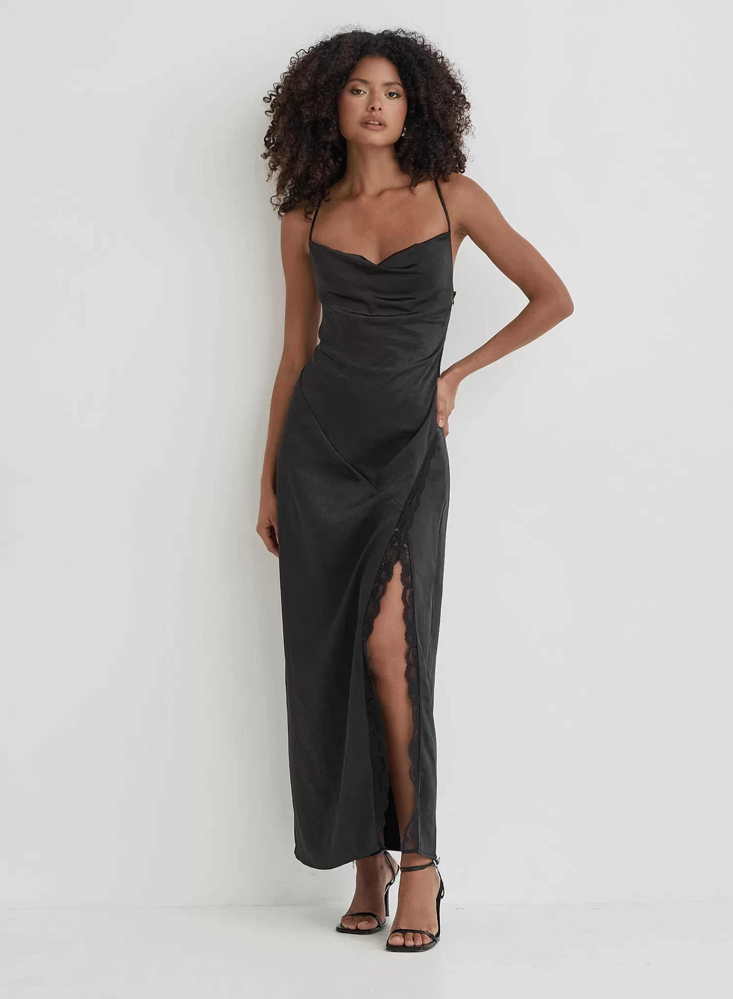 Black Satin Side Split Maxi Dress- Kacie-4th & Reckless Store