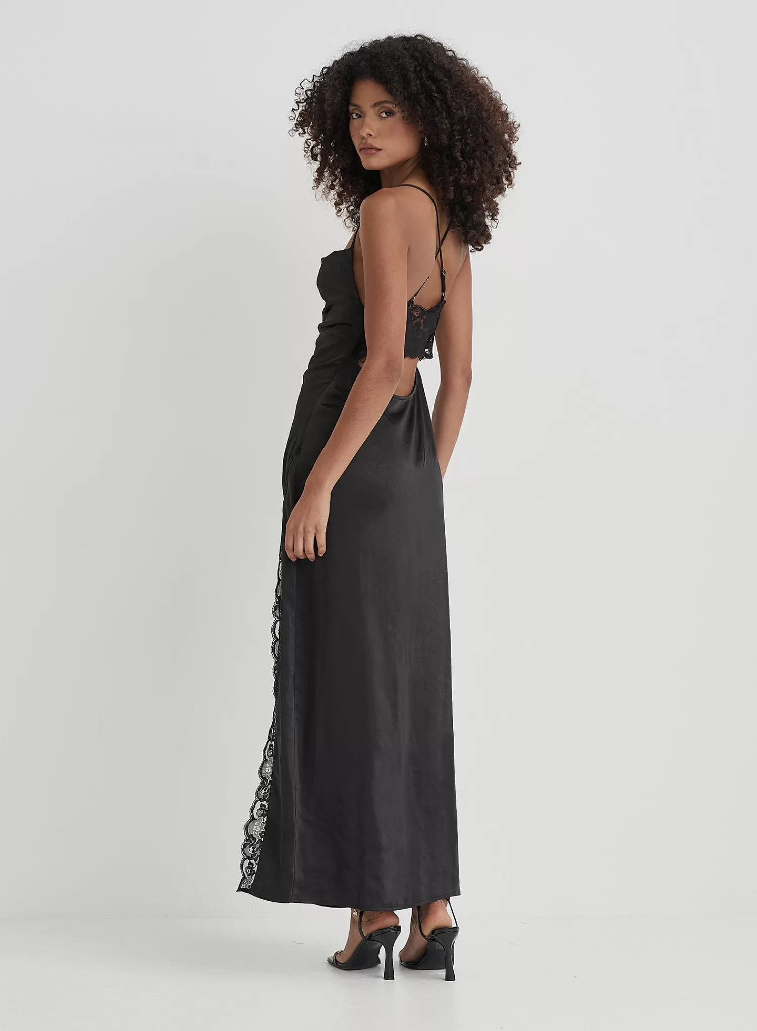 Black Satin Side Split Maxi Dress- Kacie-4th & Reckless Store