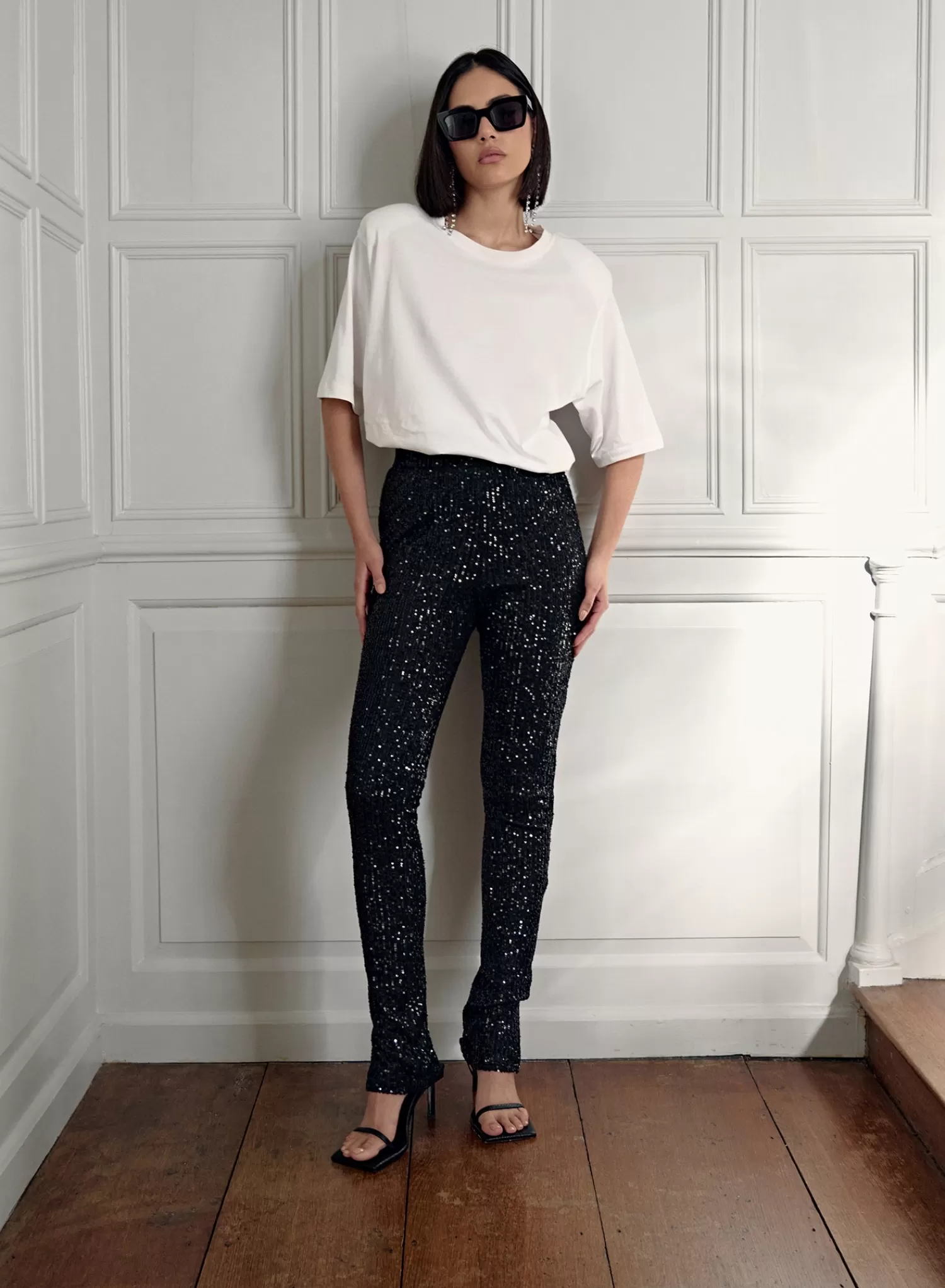 Black Sequin Split Hem Legging - Anette-4th & Reckless Best