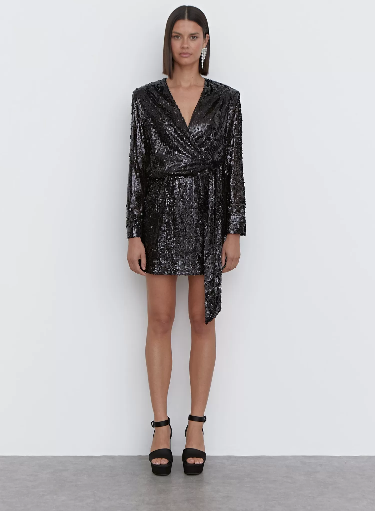 Black Sequin Tie Waist Mini Dress - Olsen-4th & Reckless Sale