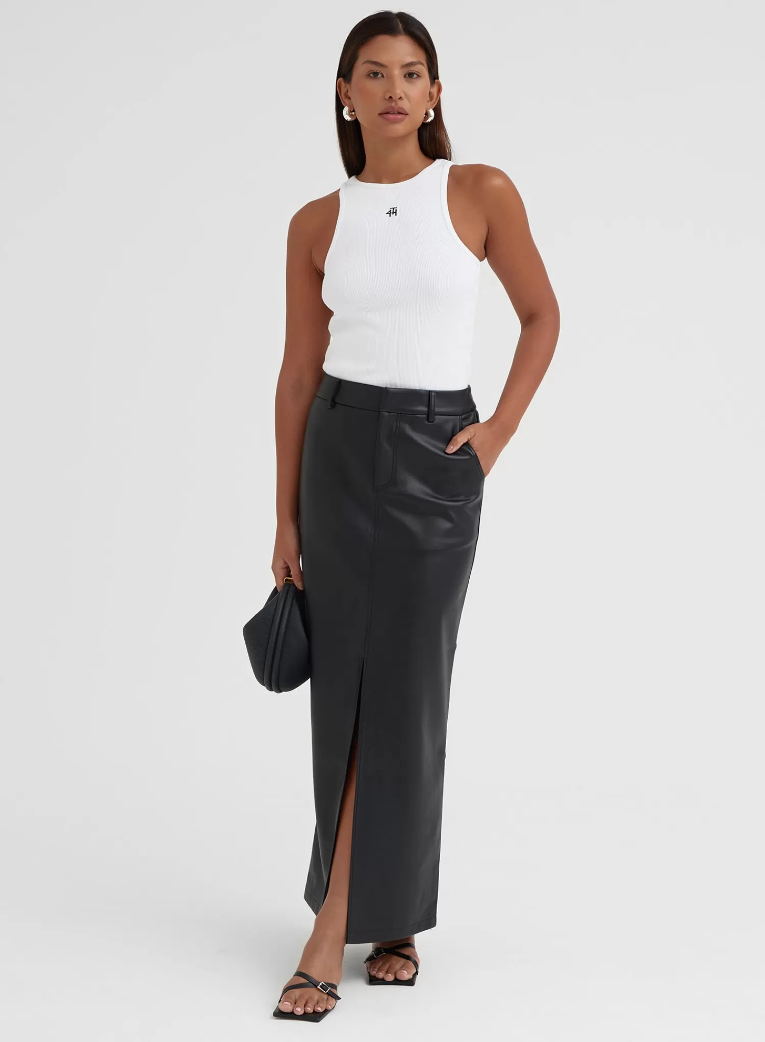 Black Split Front Faux Leather Midaxi Skirt - Nimah-4th & Reckless Sale