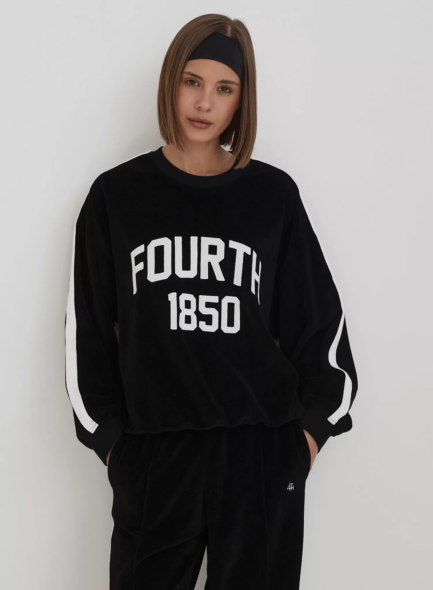 Black Velour Branded Classic Sweatshirt- Cacie-4th & Reckless Store