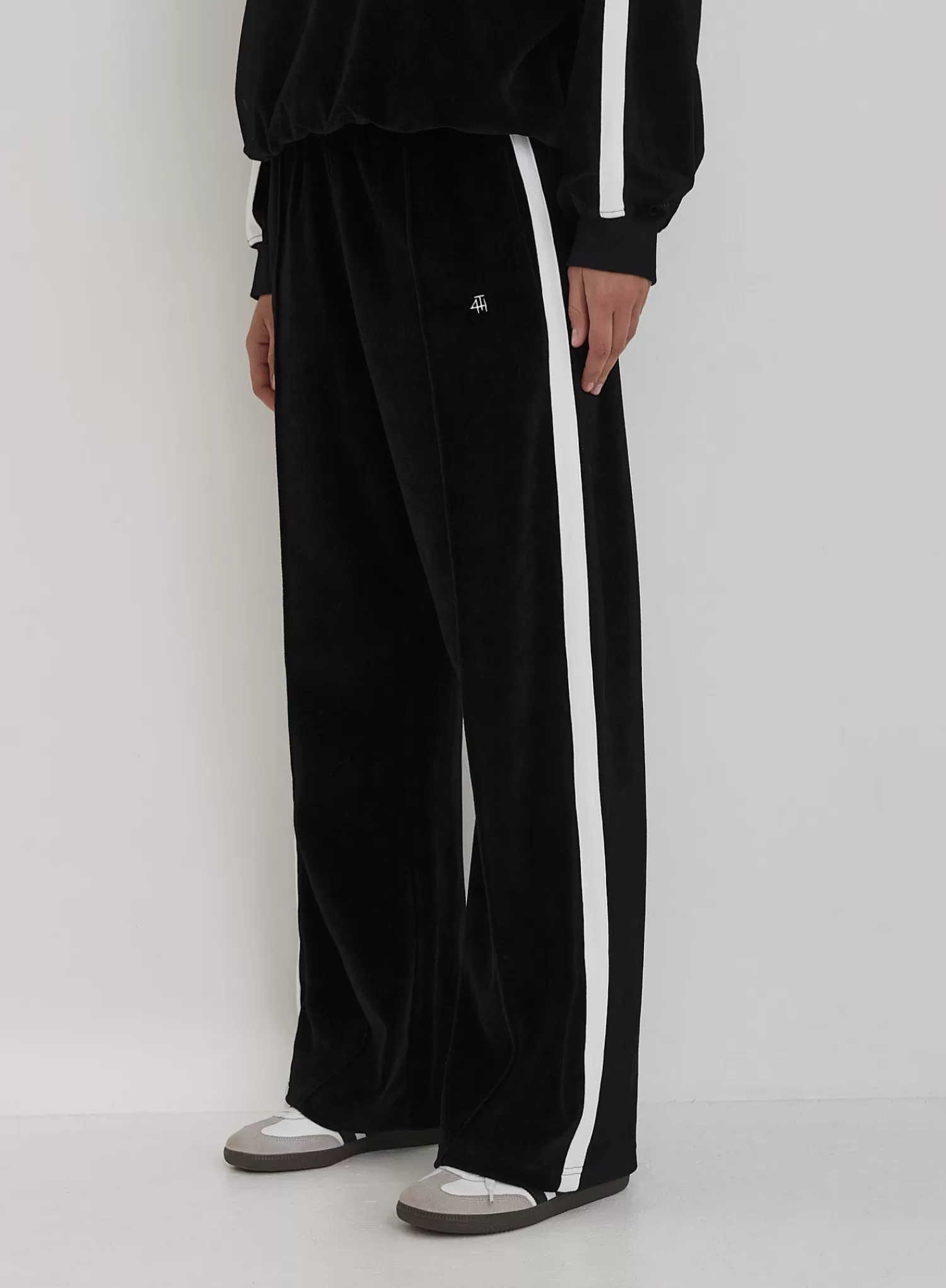 Black Velour Constrast Stripe Wide Leg Jogger- Cacie-4th & Reckless Shop