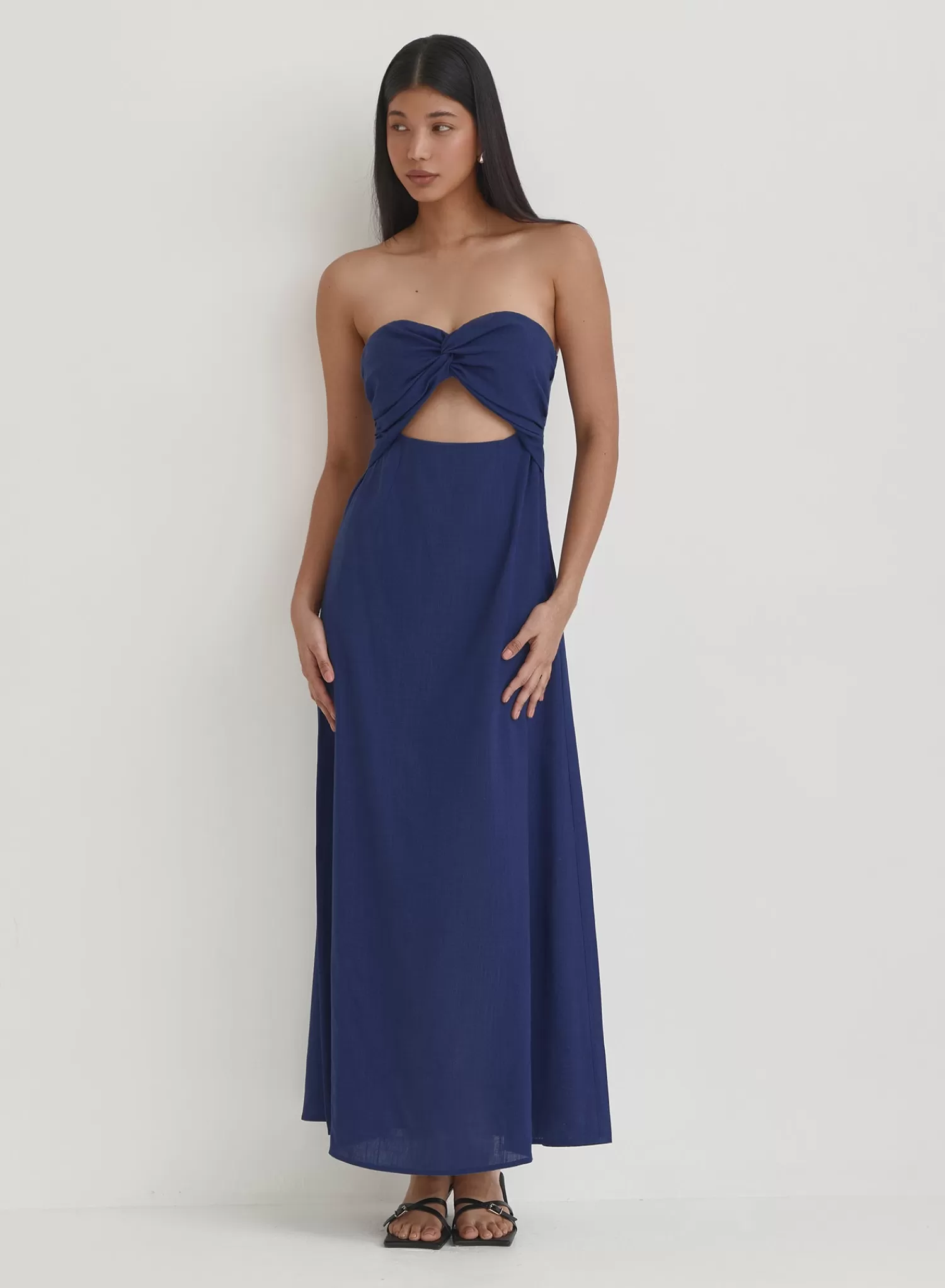 Blue Linen Maxi Cut Out Bandeau Dress- Lainey-4th & Reckless Best Sale