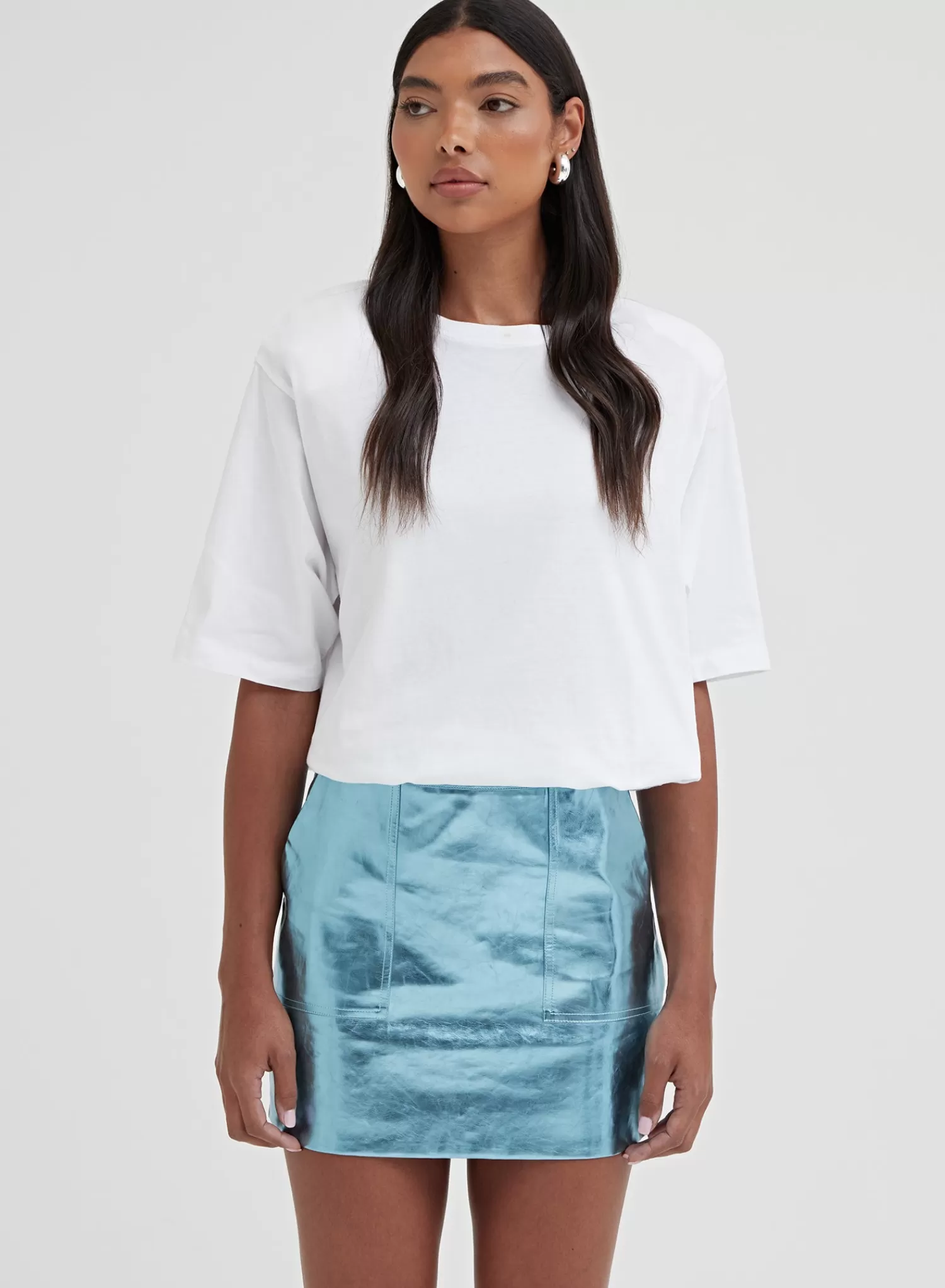 Blue Metallic Faux Leather Mini Skirt - Kiki-4th & Reckless Online