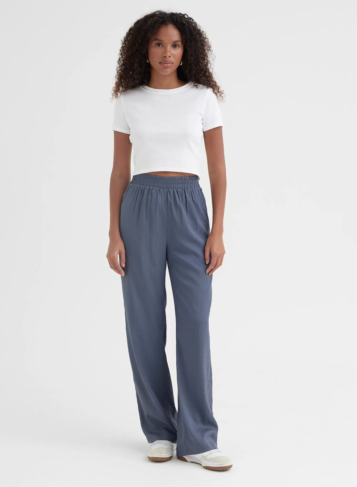 Blue Relaxed Geo Print Satin Trouser - Mimi-4th & Reckless Fashion