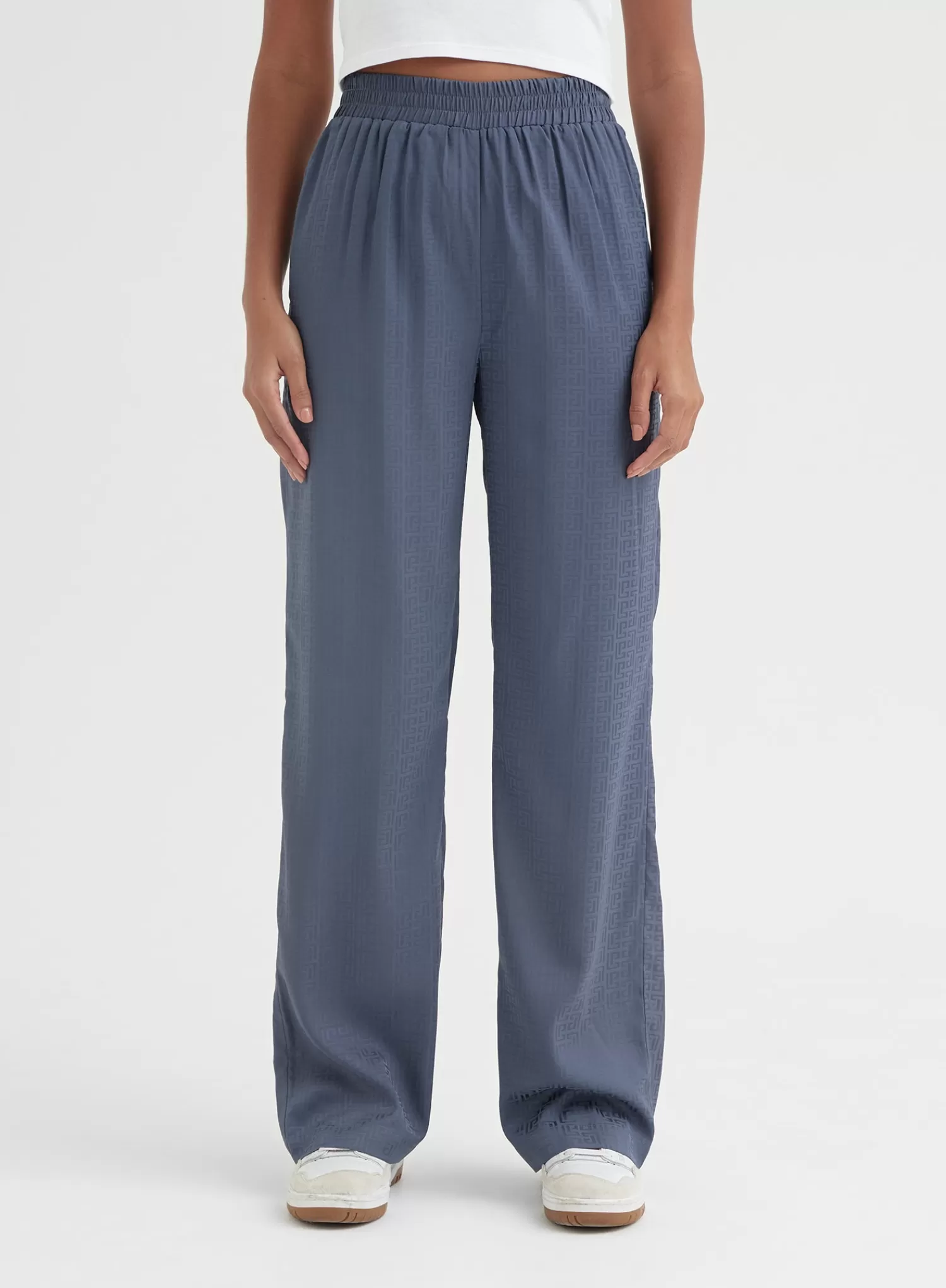 Blue Relaxed Geo Print Satin Trouser - Mimi-4th & Reckless Fashion